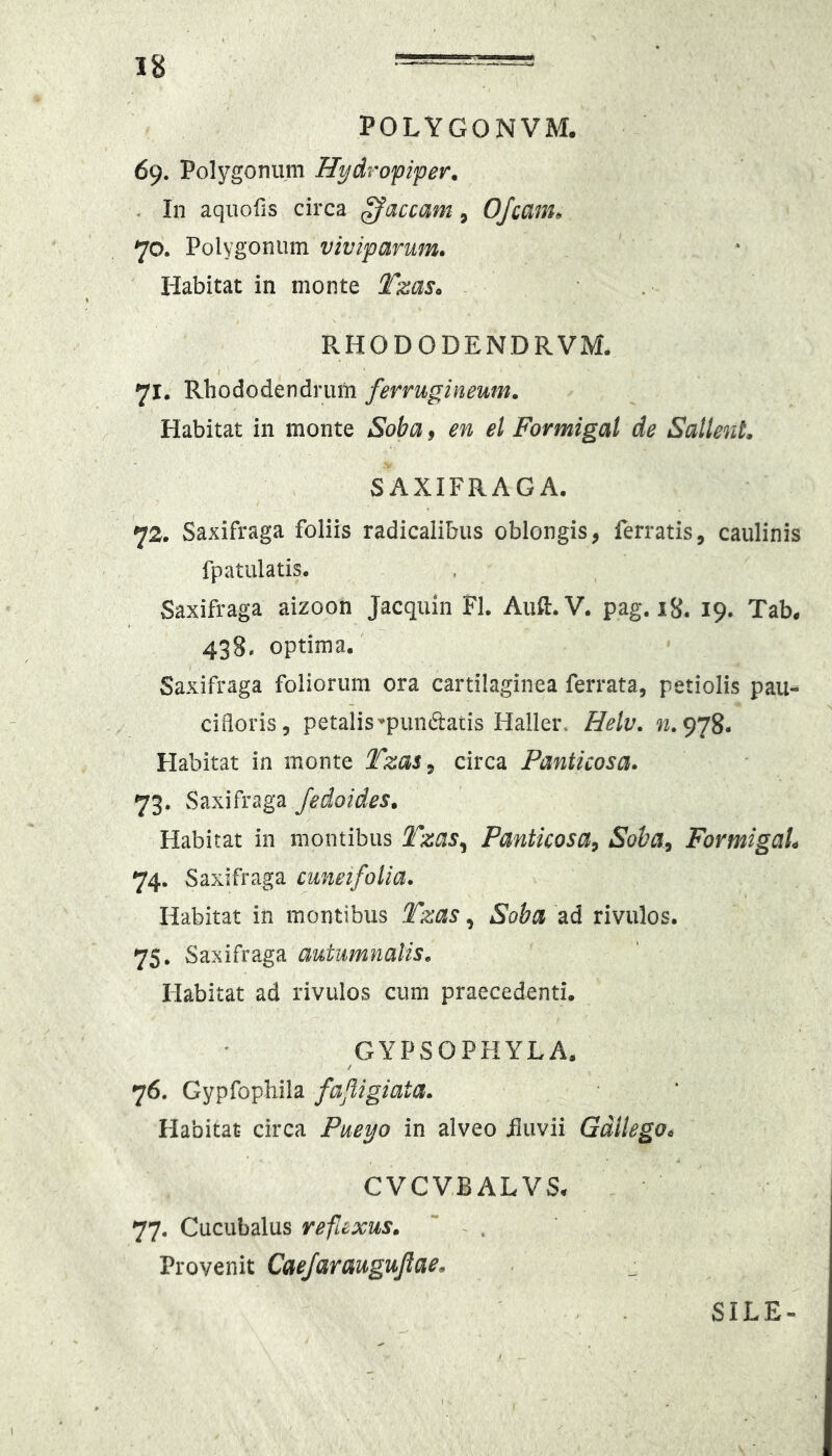 POLYGONVM. 69. Polygonum Hydropiper, . In aqnofis circa jaceam, OJcain, 70. Polygonum viviparum. Habitat in monte Tzas. PvHODODENDRVM. 71- Rhododendruiii ferrugineum. Habitat in monte Soba, en el Formigal de SaltenL SAXIFRAGA. 72. Saxifraga foliis radicalibiis oblongis, ferratis, caulinis fpatulatis. Saxifraga aizoon Jacquin Pl. Auft.V. pag. 18. 19. Tab, 438. optima. Saxifraga foliorum ora cartilaginea ferrata, petiolis pau-> cidoris, petalis^pundatis Haller. Helv. 978. Habitat in monte Tzas, circa Panticosa. 73. Saxifraga Jedoides. Habitat in montibus Tzas^ Pantkosa^ Soba, FormigaL 74. Saxifraga cuneifolia. Habitat in montibus Tzas, Soba ad rivulos. 75. Saxifraga autumnalis. Habitat ad rivulos cum praecedenti. GYPSOPHYLA. 76. Gypfophila fafligiata. , -Habitat circa Pueyo in alveo jluvii GdllegOc CVCVBALVS. 77. Cucubalus reflexus. ' ^ . ’ Provenit Cae/arauguJIae. SILE-