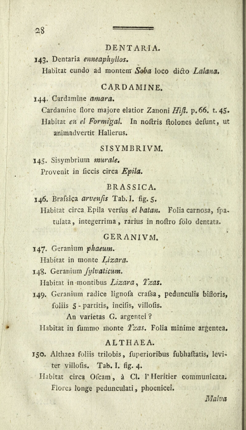 DENTARIA. 143. Dentaria enneaphyllos. Hab'itat eundo ad niontenr Soba loco dido Lalana, CARDAMINE. 144. Cardamine awara. Cardaraine flore majore elatior Zanoni Hijl. p.66. t. 45. Habitat en et Formi'gal. In noftris ftolones defunt, ut animadvertit Hallerus. SISYMBRIVM. 145. Sisymbrium murale. Provenit in ficcis circa Epila. BRASSICA. 146. Brafsica arvenfis Tab.T. fig. 5. Habitat circa Epila verfus el batan, Eolia carnosa, fpa- tulata, integerrima, rarius in noftro Iblo dentata. GERANIVM. 147- Geranium fhaeum.' ' Habitat in monte Lizara^ 148. Geranium Jylvaticum. Habitat in montibus Lizara^ Tzas. 149. Geranium radice lignofa crafsa, pedunculis bifloris, foliis S - partitis, incilis, villofis. An varietas G. argentei ? Habitat in fummo monte Tzas. Folia minime argentea. ALTHAEA. 150. Althaea foliis trilobis, fuperioribus fubhaftatis, levi- ter villofis. Tab. I. fig. 4. Habitat circa Ofcam, k Cl. 1’Heritier communicata. Flores longe pcdunculati, phoenicei. Malva