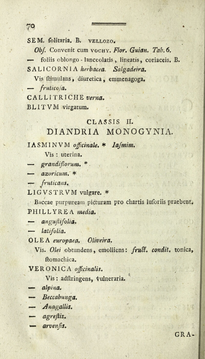 SEM. folitaria. B. vellozo. ObJ. Convenit cum vochy* Flor. Guian. Tah. 6. — foliis oblongo - lanceolatis 5 lineatis, coriaceis. B. SALICORNIA herbacea. Salgadeira. Vis fthnulans, diuretica, emmenagoga. — fruticofa. C ALL I TKl CEE verna. - BLITVM virgatum. , - CLASSIS IL DIANDRIA MONOGYNIA. lASMINVM officinale. ^ lajmim. Vis : uterina. — grandiflorum. * - — azorknm.^ * — Jruticans, LIGVSTRVM vulgare. * ■ Baccae purpuream pidturam pro chartis luforiis praebent. PHILLYREA media. ~ angujiifoUa. — latifolia. OLEA europaea. Oliveira. Vis. Olei obtundens, emolliens: fruBt. condit, tonica, ftomachica, VERO NIC A officinatis. Vis: adftringens, Vulneraria. •— atpina. — Beccahunga. — j^nagallis. •— agrejlis. ' — arvenfts. GRA-