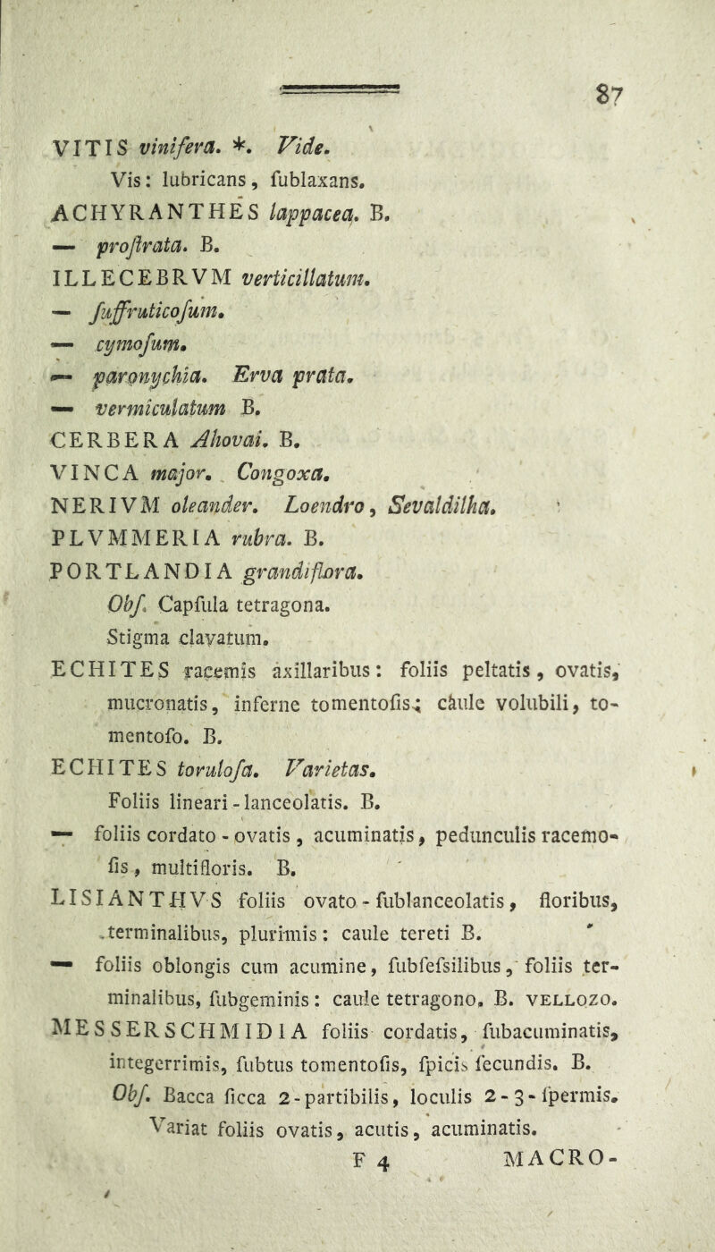 8? VITIS vinifera. Vide. Vis: lubricans, fubiaxans. ACHYRANTHES lappacea^. B. — projirata. B. ILLECEBRVM verticillatum. — fuffruticofum» — cymofum» — paronychia. Erva prata. ~ vermiculatum B. CERBERA Ahovai. B. VIN C A major,, Congoxa. NERIVM oleander. Loendro ^ Sevaldilha. PLVMMERIA rubra. B. PORTLANDIA grandiflora. Obf. Capfiila tetragona. Stigma dayatum. ECHITES facernis axillaribus: foliis peltatis, ovatis, mucronatis5 inferne tomentofis>; ckulc volubili, to- mentofo. B. ECHITES torulofa. Varietas. Foliis lineari-lanceolatis. B. -7 foliis cordato - ovatis, acuminatis, pedunculis racemo- fis, multifloris. B. LISI ANTHVS foliis ovato » fublanceolatis, floribus, .terminalibus, plurimis: caule tereti B.  foliis oblongis cum acumine, fubfefsilibusfoliis ter- minalibus, fubgeminis: caule tetragono, B. vellozo. MESSERSCHMIDIA foliis cordatis, fubaciiminatis, . f integerrimis, fubtus tomentofis, fpicis fecundis. B. ObJ. Bacca flcca 2-partibiiis, loculis 2-3*fpermis. Variat foliis ovatis, acutis, acuminatis. F 4 MACRO- i