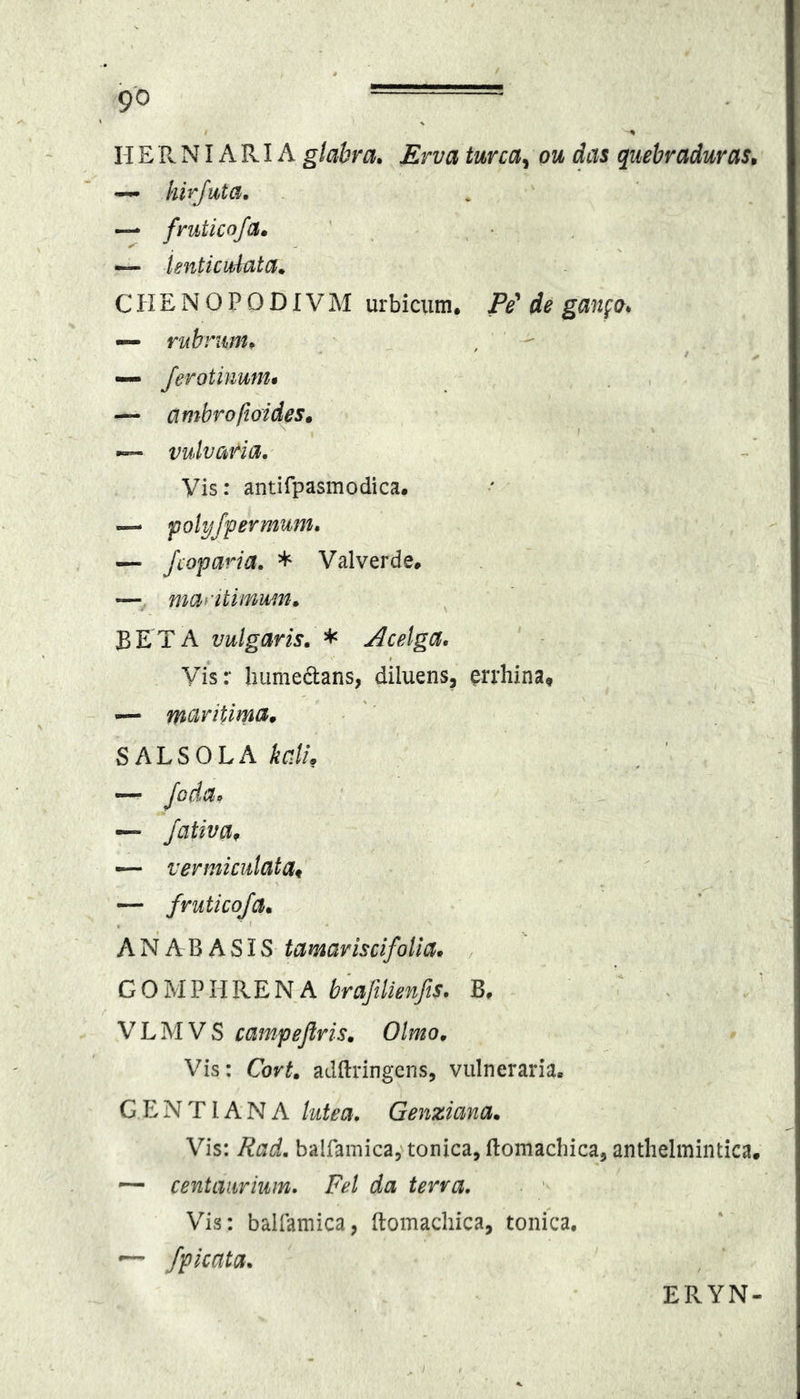 H E Pv NIA RIA glabra» Erva turca^ ou das quebraduras, — hirjuta, — fmticofa» — lenticiduta* C PIE N 0 P 0 DIV M urbicum. Pe^ de gan^o^ — rubrum» , — Jerotinunu — ambroftoides» I vulvaria» Vis: antirpasmodica. — fpolyjfermum» — Jcoparia. * Valverde. — ma^-itimwin» BETA vulgaris» * Acelga. Vis: liiimedans, diluens, whina, 1— maritima, - SALSOLAkatu — vermiculata^ — frutico/a» ANABASIS tamariscifolia» GOUJ^liKENA braftlienfts. B. * . V L M V S campejlris, Olmo» Vis: Cort» adftringens, vulneraria. GENTIANA lutea. Genziana» Vis: Rad. balfamica, tonica, ftomachica, anthelmintica. ~ centaiirium. Fel da terra. ■ ' Vis: balfamica, ftomachica, tonica. /picata» ERYN-