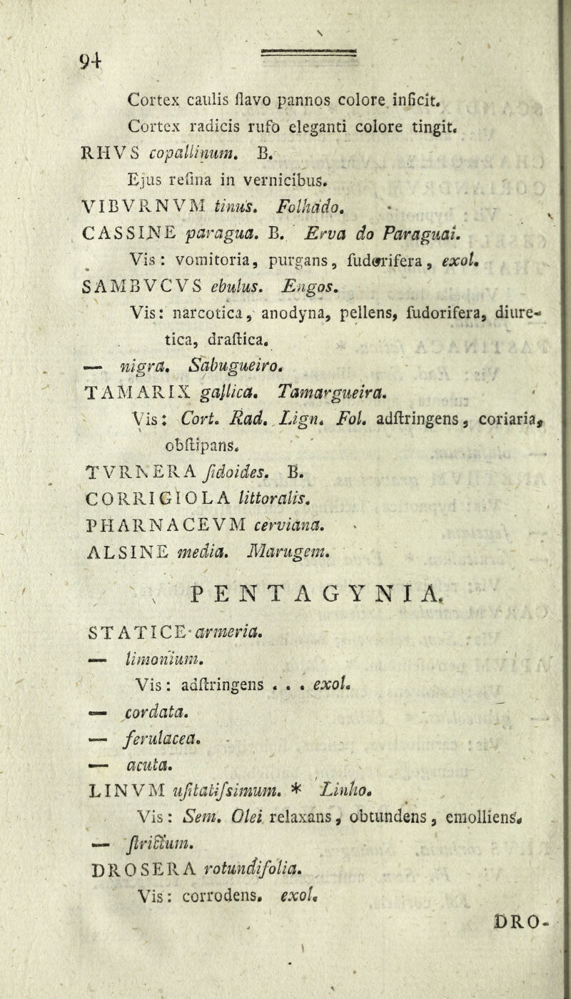 s Cortex caulis flavo pannos colore, inficit. Cortex radicis rufo eleganti colore tingit. RHVS copallinum, B.- Ejus refiria in vernicibus. VIB V Pv N V M tinus^ Folhddo^ C AS SUNE paragua» B. Erva do ParagmL Vis: vomitoria5 purgans, fuderrifera, exoU S A M B ‘V’' CVS ebulus. Engos. Vis: narcotica5 anodyna, pellens, fudorifera, diure- tica, draftica. — nigrete SabugueirOt TAMx\IliX gallica. Tamargueira. Vis: -Cort. Rad. ^Ligfu FoL adftringens, coriaria, obilipans. T V R i\ E R A fidoides. B. CORRIGIOLA littoralis. PPIARNACEVM cerviana. ' ^ ALSI NE media. Marugent. ' . P E N T A G Y N I A. s T A TIC E‘ armeria. limonium. ' Vis: adO:ringens . . . exoL •— ^cordata. — ferulacea. *“ acuta. LINVM ufdatifsimum. * Lintio. Vis: Sem. Olei relaxans, obtundens, emollient# •— Jlritiiim. DROSERA rotundifolia. Vis: corrodens, exoh DRO»