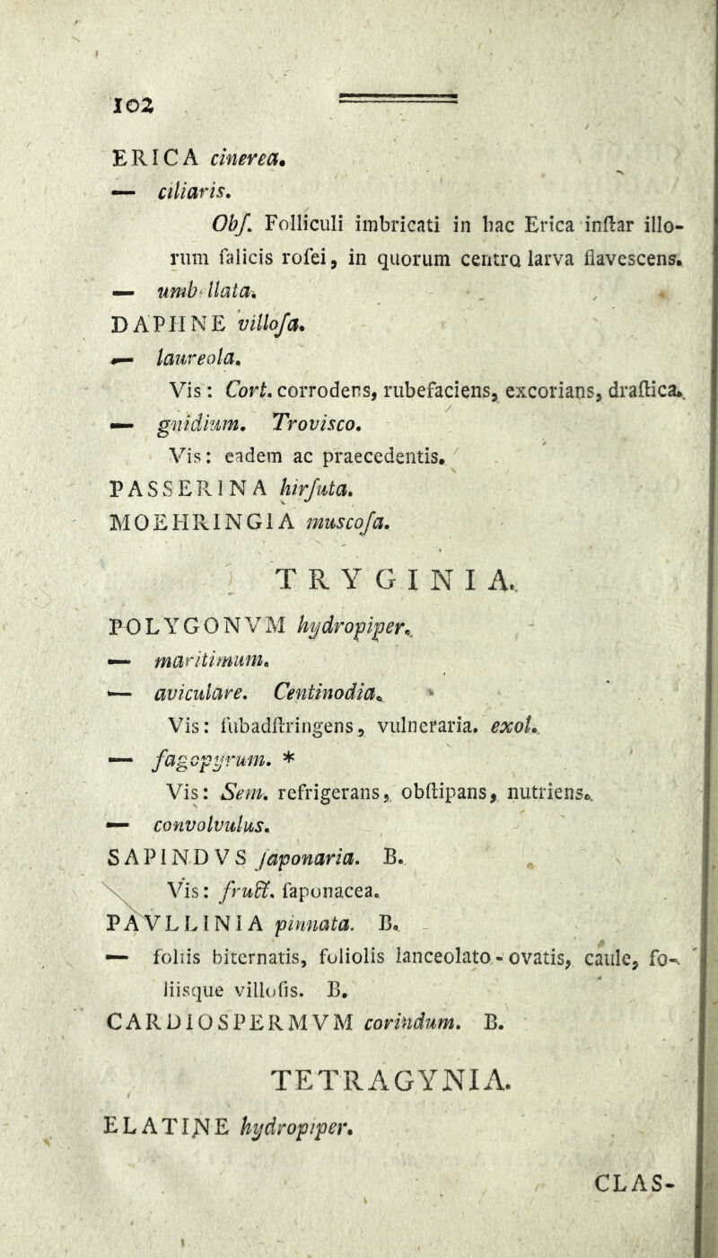 ERICA cineream ciliaris. Obf. Folliculi imbricati in liac Erica inflar illo- rum falicis rofei, in quorum centro larva flavescens. — umb^llata'. DAPHNE villofa. laureola. Vis: Cort. corrodens, rubefaciens, excorians, draftica., — gnidium. Trovisco. Vis: eadem ac praecedentis. P A S wS E Pv I N A hirjuta. MOEHRINGIA muscoja. T R Y G I N I A. ROLYGONVM — maritimum. ^ aviculare. Centinodia^ Vis: fubadflringens, vulneraria, exoU — fagopyrum. * Vis: Sem. refrigerans,, obflipans, nutriens.. — convolvulus. S A P1N D V S Japonaria. B. \ Vis:/rwff, faponacea, P AV L LINIA pinnata. B. _ —• foliis biternatis, foliolis lanceolato» ovatis, caule, fo-. iiisque villo fis. B. CARDIOSPERMVM corindum. B. TETRAGYNIA. ELATIJ^E hydropiper. CLAS-