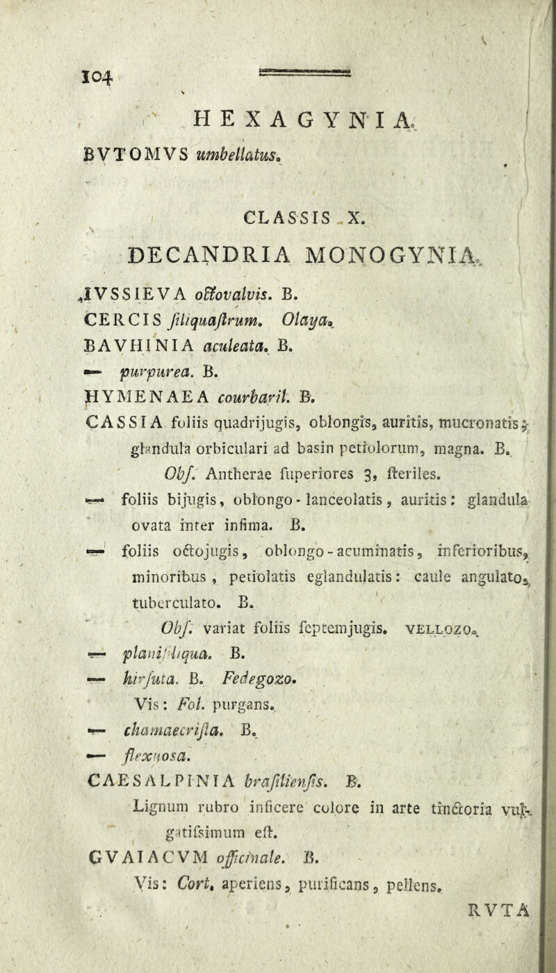 . HEXAGYNIA, BV70MY S^umbellatus, CLASSIS .X. A DEC ANDRI A MONOGYNIA, 4VSSIEVA o&ovalvis. B. C E R CIS ftliquajlrum. Olayao^ BAVHINIA aculeata. B. pmyiirea. B. HYMENAEA courbarit B. CASSI A fuiiis quadrijiigiSj oblongis^ auritis, mucro natis;' glandula orbiculari ad basin petioiorum, magna. B. ObJ. Antberae fuperiores 3, fteriles. foliis bijugis, oblongo - lanceolatis , auritis; glandula ovata inter infima. B. foliis odojugis, oblongo - aciimiTiatis ^ in ferioribus^ minoribus , petioiatis eglandulatis; caule angulato.^ tubcrciiiato. B. ObJ. variat foliis fcptemjugis. yellozOo, •sr- plani h liqua. B. ~ hir Juta. Bo Fedegozo. Vis: FoL purgans. “ chamaecrijla. B. — flexuosa. C A E S A L P1NIA brafiUenfls. B: Lignum rubro inficere colore in arte tindioria viik gatifsimum efi. G V AIA C V M officrnale. B. Vis: Cort. aperiens^ purificans5 pellens. RVTA