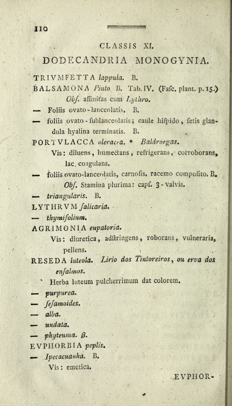 IIQ CLASSIS XI. DODECANDRIA MONOGYNIA- TRIVMFETTA kpptiia. B. BALSAMONA Pinto B. Tab.IV. (Fafc. piant, p. 15.) Gb/* alFinitas cum Lythro. — Foliis ovato ^lanceolatls* B. — foliis ovato - fublanceolatis; caule hifpido ^ fetis glan- dula hyalina terminatis. B. PORTVLACCA oleracea. * Baldropgas. Vis: diluens j humedans ^ refrigerans, corroborans, lac. coagulans. — ibliis ovato-lanceolatis, cariiofis, racemo compofito. B* Obf. Stamina plurima: capf. — triangularis > B. LYTHRVM /alicaria. - ~ thymifolium* AGRIMONIA eupatoria. Vis: diuretica, addringens, roborans, vulnerariaj pellens* i RESEDA hiteola. Lirio dos Tintoreiros^ ou erva dos en/almos. ' Herba luteum pulclierrimum dat colorem* — purpurea. — JeJamoides. — alba. — undata. — phyteunia. 0. EVPIIORBIA peplis. •— Ipecaciianha. B. Vis: emetica* EVPHOR-