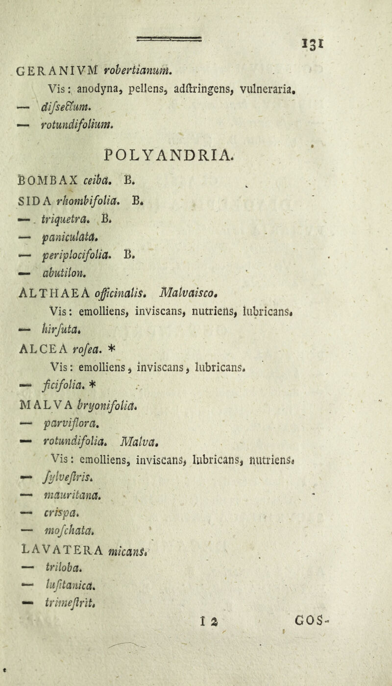 GERANIVM voheriianum. Visanodyna, pellens, adftringens, vulneraria. — dijse^iim» — rotundifol POLYANDRIA; BOMBAX ceiba. B. SIDA rhombifoUa. B. —. triquetra, B, — paniculata, — periplocifoUa» B. — abutilon, ALTHAEA officimtis, Malvaisco* Vis: emolliens, inviscans, nutrieils, lubricans# — hlrjiita* ALCEArn/^^. * Vis: emolliens, inviscans, lubricans. — ficifolia, * MALVA bryonifoliai — parviflora. — rotundifolia. Malva, Vis: emolliens, inviscans, lubricans, nutrienSa — fylveflris, —* nmuritana, — crhpa^ — mofcl LAVATERA micantr — triloba. •— lufitanica, — trimejirit.