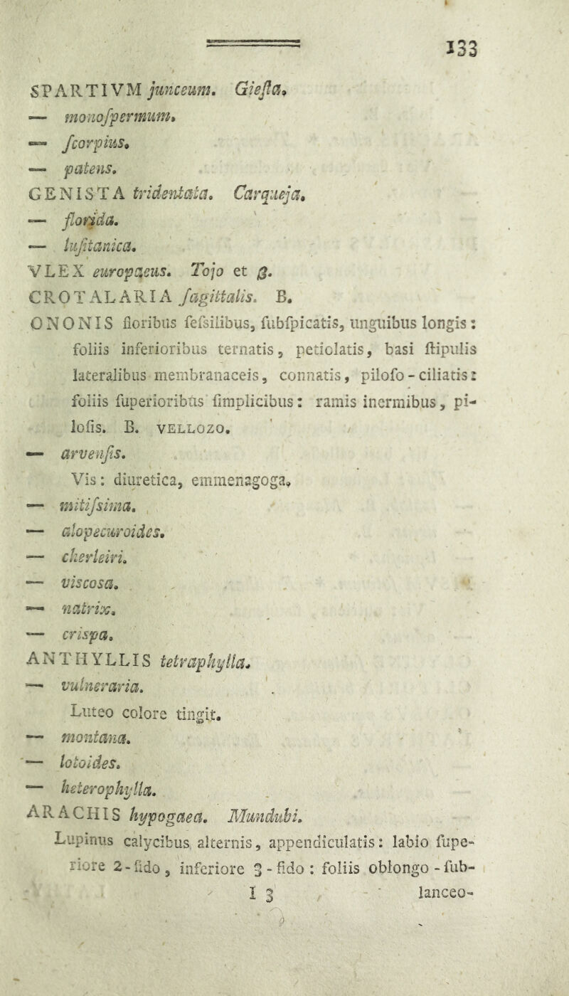 J33 \ Giejla, Carqueja, \ VLEX europaciis. Tojo et 3. CRO TALARI A Jagittalis. B. O N 0 NIS floribus fefsiiibus, fubfpicatis, unguibus longis: foliis inferioribus ternatiSj peticlatis, basi Ripulis lateralibus membranaceis, connatis, pilofo - ciliatis: foliis fuperioribtis’fimpiicibus: ramis inermibus, pi- loflS. B. VELLOZO. — arvenjis. Vis; diuretica, emmenagoga.^ — initifsima, , > — alopecuroidcs. =— ckerleivL — viscosa. , . VLCln'ti)Q. — crispa. A N T M Y L LIS tetraphyila^ ~ vulneraria. 1 ■ Luteo colore tingit. — niontam. - ' ' — lotoides» — heteropkylla. ARACHIS hypogaea. MmidubL Lupinus calycibus alternis, appendiculatls: labio fupe« riore 2-fido, inferiore 3 «fido: foliis oblongo-fab- / 13’ - : lanceo- S P A R TIV M junceum. — monofpermum» “ fcorpius^ — patens. GENISTA tridentata. — flanda. — liiittanica.