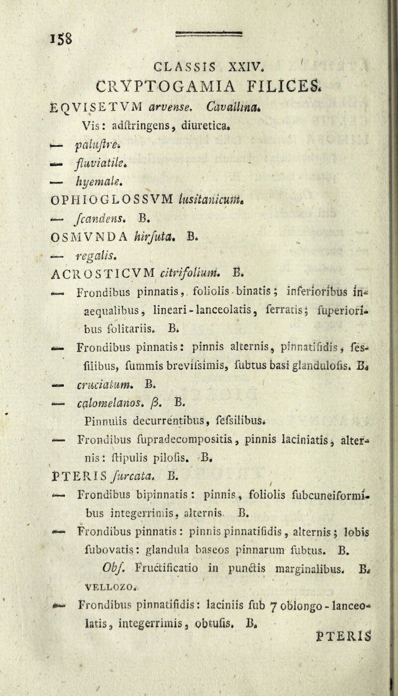 158 — CLASSIS XXIV. CRYPTOGAMIA FILICES* E Q VIS E T V M arvense, Cavallimk Vis: adftringens, diuretica* paluftrei ~ fluviatiki, — hyemale. OPHiOGLOSSVM lusitanicunu ^ /candens, 'B, OSMVNDA hirjuta. B* — regatis, ACB.OSTICVM citrifolium. B. Frondibus pinnatis, foliolis«binatis; inferioribus in- aequalibus, lineari-lanceoiatis5 ferratis; ftiperiori- bus folitariis, Frondibus pinnatis: pinnis alternis,, pfnnatifidis^ fes- fiiibus, fiimmis brevifsimis, fiibtus basi glandulobs. B4 cruciatum, B* ~ — calomelanos, /3. B. Pinnulis decurrentibus, fefsilibiis* — Frondibus fiipradecompositis, pinnis laciniatis, alter^ nis: flipiilis pilofis. B* P T E Pv IS Jurcata6 B. ^ ~ Frondibus bipinnatis : pinnis, foliolis fubcuneiformi- bus integerrimis, alternis B. Frondibus pinnatis: pinnis pinnatifidis, alternis; lobis fubovatis: glandula baseos pinnarum fubtus. B, ObJ\ Fructificatio in pungis marginalibus. B* VELLOZO. ' 1«^ Frondibus pinnatifidis: laciniis fub 7 oblongo - lanceo- latis, integerrimis5 obtufis, B. PTERIA