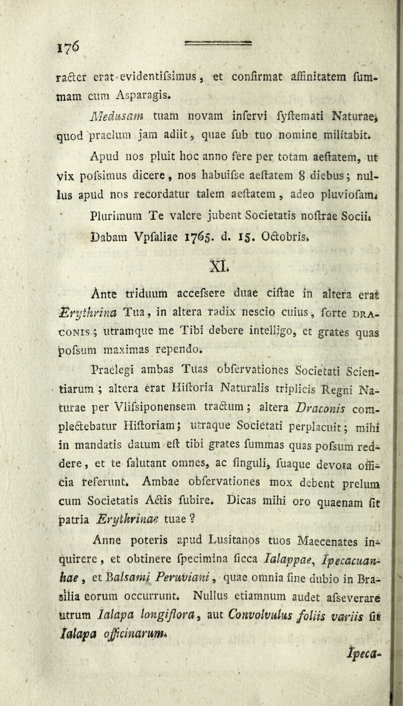 rafler etat evidentifsinuis et confirmat affinitatem fum- snam cum Asparagis. Medusam tuam novam infcrvi fyfcemati Naturae^ quod praelum jam adiit, quae fub tuo nomine militabit. Apud nos pluit hoc anno fere per totam aeftatem, ut Vix pofsimiis dicere, nos habiiifse aefiatem 8 diebus; nul- lus apUd nos recordatur talem aefiatem, adeo pluviofaiui Plurimum Te valere jubent Societatis nofirae Sociis l)abain Vpfaliae 1765. d. 15. Odobris» XL Ante triduum accefsere duae ciftae in altera erat Mrythrinu Tua, in altera radix nescio cuius, forte dra- conis; iitramque me Tibi debere intelijgo, et grates quas 'pofsum maximas rependo; Praelegi ambas Titas obfervatiohes Societati Scien- tiarum ; altera erat Hifroria Naturalis triplicis Regni Na- turae per Viifsiponensein tractum; altera Draconis com- plectebatur Hifioriam; utraque Societati perplaciiit; mihi in mandatis datum efl tibi grates fummas quas pofsum red- dere 5 et te faiutant omnes, ac fingulij fuaque devota offi- cia referunt, Ambae obfervationes mox debent prelum cum Societatis Adis fubire. Dicas mihi oro quaenam fit patria Erythrinae tuae ? Anne poteris apud Lusitanos tuos Maecenates in- quirere , et obtinere fpecimina ficca lalappae^ Ipecacuan-- hae , et Balsami Peruviani, quae omnia fine dubio in Bra- siiia eorum occiirnint. Nullus etiamnum audet afseverare utrum lalapa longiflora, aut Convolvulus foliis variis fit ialapa officinarum»^ tpeca-^