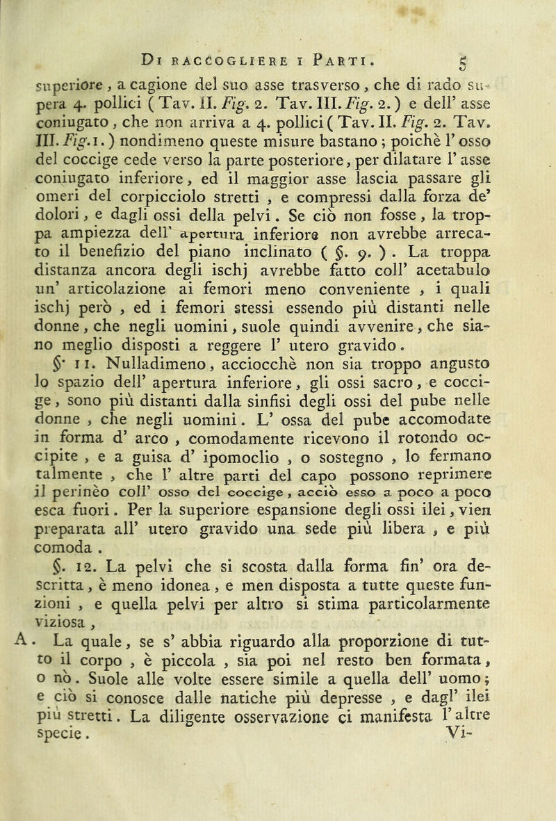 superiore * a cagione del suo asse trasverso, che di rado su- pera 4. pollici ( Tav. IL Fig. 2. Tav. III. Fig. 2. ) e dell’ asse coniugato, che non arriva a 4. pollici ( Tav. IL Fig. 2. Tav. III. Fig. 1. ) nondimeno queste misure bastano ; poiché Y osso del coccige cede verso la parte posteriore, per dilatare Y asse coniugato inferiore, ed il maggior asse lascia passare gli omeri del corpicciolo stretti , e compressi dalla forza de* dolori, e dagli ossi della pelvi. Se ciò non fosse, la trop- pa ampiezza dell’ apertura inferiore non avrebbe arreca- to il benefizio del piano inclinato ( §. 9. ) . La troppa distanza ancora degli ischj avrebbe fatto colf acetabulo un’ articolazione ai femori meno conveniente > i quali ischj però , ed i femori stessi essendo più distanti nelle donne , che negli uomini, suole quindi avvenire, che sia- no meglio disposti a reggere Y utero gravido. §' 11. Nulladimeno, acciocché non sia troppo angusto 10 spazio dell’ apertura inferiore, gli ossi sacro, e cocci- ge , sono più distanti dalla sinfisi degli ossi del pube nelle donne , che negli uomini. L’ ossa del pube accomodate in forma d’ arco , comodamente ricevono il rotondo oc- cipite , e a guisa d’ ipomoclio , o sostegno , lo fermano talmente , che 1’ altre parti del capo possono reprimere 11 perinèo coir osso del coccige , acciò esso a poco a poco esca fuori. Per la superiore espansione degli ossi ilei, vien preparata alT utero gravido una sede più libera , e più comoda . §. 12. La pelvi che si scosta dalla forma fin* ora de- scritta , è meno idonea, e men disposta a tutte queste fun- zioni , e quella pelvi per altro si stima particolarmente viziosa , A. La quale, se s’ abbia riguardo alla proporzione dì tut- to il corpo , è piccola , sia poi nel resto ben formata, o nò. Suole alle volte essere simile a quella dell’ uomo ; e ciò si conosce dalle natiche più depresse , e dagl’ ilei più stretti. La diligente osservazione ci manifesta Y altre specie. Vi-