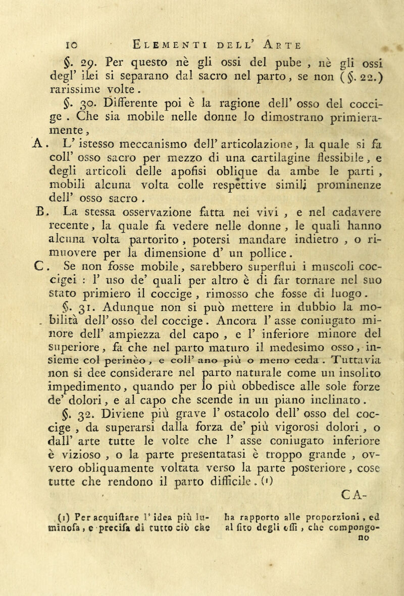 §. 29. Per questo nè gli ossi del pube , nè gli ossi degl’ ilei si separano dal sacro nel parto, se non (§.22.) rarissime volte. §• 30. Differente poi è la ragione dell’ osso del cocci- ge . Che sia mobile nelle donne lo dimostrano primiera- mente , À . L’istesso meccanismo dell’ articolazione , la quale si fa coll’ osso sacro per mezzo di una cartilagine flessibile, e degli articoli delle apofisi oblique da ambe le parti , mobili alcuna volta colle respèttive simili prominenze dell’ osso sacro . B. La stessa osservazione fatta nei vivi , e nel cadavere recente, la quale fa vedere nelle donne , le quali hanno alcuna volta partorito , potersi mandare indietro , o ri- muovere per la dimensione d’ un pollice. C. Se non fosse mobile, sarebbero superflui i muscoli coc- cigei : 1’ uso de’ quali per altro è di far tornare nel suo stato primiero il coccige , rimosso che fosse di luogo. §.31. Adunque non si può mettere in dubbio la mo- . bilità dell’ osso del coccige . Ancora 1’ asse coniugato mi- nore dell’ ampiezza del capo , e 1’ inferiore minore del superiore, fa che nel parto maturo il medesimo osso, in- sieme col perinèo, e coll’ ano più o meno ceda. Tuttavict non si dee considerare nel parto naturale come un insolito impedimento, quando per lo più obbedisce alle sole forze de’ dolori, e al capo che scende in un piano inclinato. §. 32* Diviene più grave 1’ ostacolo dell’ osso del coc- cige , da superarsi dalla forza de’ più vigorosi dolori , o dall’ arte tutte le volte che 1’ asse coniugato inferiore è vizioso , o la parte presentatasi è troppo grande , ov- vero obliquamente voltata verso la parte posteriore, cose tutte che rendono il parto difficile. (■) CA- (1) Per acquiftare Videa più lu- ha rapporto alle proporzioni , ed minofa, e precifa di tutto ciò che al fito degli cffi > che compongo- no