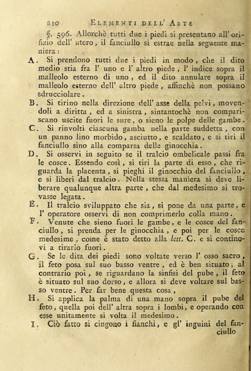 §. 596. Allorché tutti due i piedi si presentano all’ori- fizio dell’ utero, il fanciullo si estrae nella seguente ma- niera : À. Si prendono tutti due i piedi in modo , che il dito medio stia fra V uno e 1’ altro piede , V indice sopra il malleolo esterno di uno , ed il dito annulare sopra il malleolo esterno dell’ altro piede , affinchè non possano sdrucciolare. B. Si tirino nella direzione dell’ asse della pelvi, moven- doli a diritta , ed a sinistra , sintantoché non compari- scano uscite fuori le sure, o sieno le polpe delle gambe. C. Si rinvolti ciascuna gamba nella parte suddetta , con un panno lino morbido, asciutto, e scaldato, e si tiri il fanciullo sino alla comparsa delle ginocchia. D. Si osservi in seguito se il tralcio ombelicale passi fra le cosce. Essendo così, si tiri la parte di esso , che ri- guarda la placenta, si pieghi il ginocchio del fanciullo, j e si liberi dal tralcio. Nella stessa maniera si deve li- berare qualunque altra parte > che dal medesimo si tro- j vasse legata. E* Il tralcio sviluppato che sia, si pone da una parte, e T operatore osservi di non comprimerlo colla mano. E* Venute che sieno fuori le gambe, e le cosce del fan- ciullo , si prenda per le ginocchia , e poi per le cosce medesime , come è stato detto alla lett. C. e si contino- vi a tirarlo fuori. G. Se le dita dei piedi sono voltate verso 1’ osso sacro, il feto posa sul suo basso ventre , ed è ben situato ; al contrario poi, se riguardano la sinfisi del pube , il feto è situato sul suo dorso, e allora si deve voltare sul bas- so ventre. Per far bene questa cosa , H. Si applica la palma di una mano sopra il pube del feto, quella poi dell’ altra sopra i lombi, e operando con esse unitamente si volta il medesimo. ì, Ciò fatto si cingono i fianchi, e gl’ inguini del fan- ciullo