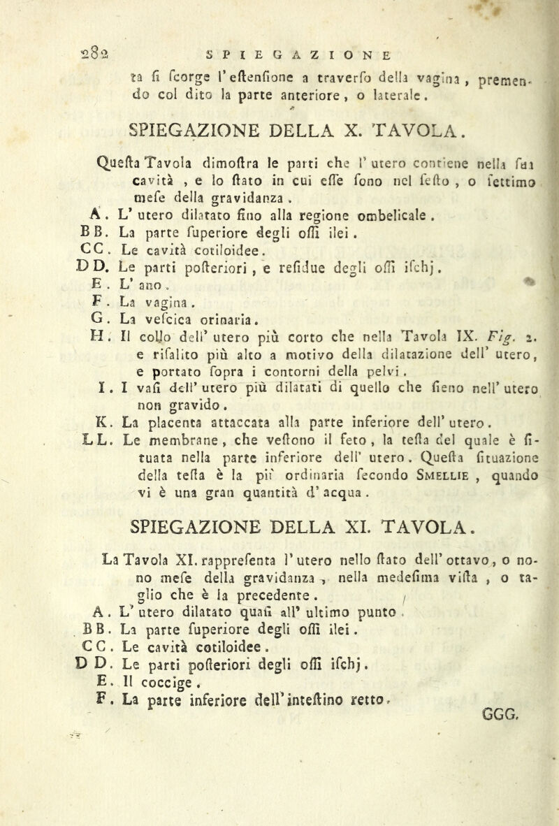 ta fi fcorge fedendone a traverfo della vagina, premen- do col dito la parte anteriore, o laterale. J! SPIEGAZIONE DELLA X. TAVOLA. Quefia Tavola dimodra le parti che 1* utero contiene nella fai cavità , e io (iato in cui elle fono nel fedo , o fettimo mefe della gravidanza . A . L’ utero dilatato fino alla regione ombelicale . BB. La parte fuperiore degli ofli ilei. CC. Le cavità cotiloidee. D D. Le parti poderiori , e refidue degli ofli ifchj. E. L’ ano , F. La vagina. G. La vefcica orinaria. H. Il coljo dell* utero più corto che nella Tavola IX. Flg. i. e rifalito piu alto a motivo della dilatazione dell’ utero, e portato fopra i contorni della pelvi . I. I va fi deli’ utero più dilatati di quello che fieno nell’ utero non gravido. K. La placenta attaccata alla parte inferiore dell’utero. LL. Le membrane, che vedono il feto, la teda del quale è fi- tuata nella parte inferiore dell’ utero. Queda fituazione della teda è la pii' ordinaria fecondo Smellie , quando vi è una gran quantità d’ acqua . SPIEGAZIONE DELLA XL TAVOLA. La Tavola XI. rapprefenta l’utero nello dato dell’ottavo, o no- no mefe della gravidanza nella medefima villa , o ta- glio che è la precedente . / À. L’ utero dilatato quali all* ultimo punto B B. La parte fuperiore degli ofli ilei. € C . Le cavità cotiloidee . D D. Le parti pofleriori degli ofli ifchj. E. Il coccige . F. La parte inferiore delPinteftino retto. GGG,