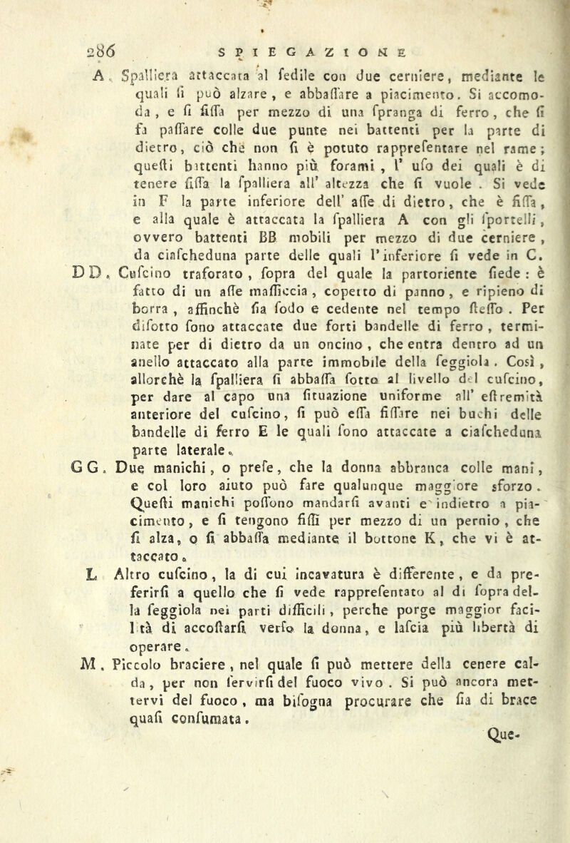 A* Spalliera attaccata al Tedile con due cerniere, mediante le quali li può alzare, e abballare a piacimento. Si accomo- da , e fi fifia per mezzo di una fpranga di ferro, che fi fa paffare colle due punte nei battenti per la parte di dietro, ciò che non fi è potuto rapprefentare nel rame; quelli battenti hanno più forami , l* ufo dei quali è di tenere fida la fpalliera all* altezza che fi vuole . Si vede in F la parte inferiore dell’ alfe di dietro, che è fida , e alla quale è attaccata la fpalliera A con gli lportelli, ovvero battenti BB mobili per mezzo di due cerniere , da ciafcheduna parte delle quali F inferiore fi vede in C. DD, Gufano traforato, fopra del quale la partoriente fiede : è fatto di un alle mafiìccia , copetto di panno, e ripieno di borra , affinchè fia fodo e cedente ne! tempo (ledo . Per difetto fono attaccate due forti bandelle di ferro , termi- nate per di dietro da un oncino , che entra dentro ad un anello attaccato alla parre immobile della feggioh . Così , allorché la fpalliera fi abballa fotta al livello d i cufcino, per dare al capo una fituazione uniforme all* edremità anteriore del cufcino, fi può ella fidare nei buchi delle bandelle di ferro E le quali fono attaccate a ciafcheduna parte laterale». GG, Due manichi, o prefe, che la donna abbranca colle mani, e col loro aiuto può fare qualunque maggiore sforzo. Quedi manichi podòno mandarli avanti e' indietro a pia- cimento , e fi tengono fidi per mezzo di un pernio, che fi alza, o fi abbatta mediante il bottone K, che vi è at- taccato 0 L Altro cufcino , la di cui incavatura è differente , e da pre- ferirli a quello che fi vede rapprefentato al di lopra del- la feggìola nei parti difficili, perche porge maggior faci- 1 tà di accodarli verfo la donna, e lafcia più libertà di operare M . Piccolo braciere , nel quale fi può mettere della cenere cal- da, per non fervirli del fuoco vivo. Si può ancora met- tervi del fuoco , ma bifogna procurare che fia di brace quafi confumata.