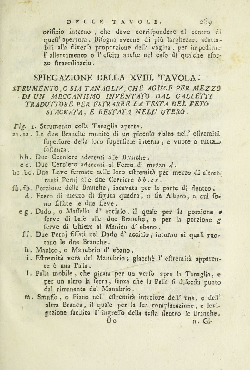 DELLE TAVOLE. 289 orifizio interno , che deve corrifpondere ai centro di queft9 apertura , Bifogna averne di più larghezze, adatta- bili alla diverfa proporzione della vagina, per impedirne T allentamento o V efcita anche nel caia di qualche sfor- zo ftraordinario. SPIEGAZIONE DELLA XVIII. TAVOLA; STRUMENTO ,0 SIA TANAGLIA, CHE AGISCE PER MEZZO DI UN MECCANISMO INVENTATO DAL GALLETTI TRADUTTORE PER ESTRARRE LA TESTA DEL FETO STACCATA, E RESTATA NELL’ UTERO. Fig. 1. Strumento colla Tanaglia aperta. aa.aa. Le due Branche munite di un piccolo rialto nell’ effremita fuperiore della loro fuperficie interna, e vuote a tutta-? fofianza. b b. Due Cerniere aderenti alle Branche. cc. Due Cerniere aderenti al Ferro di mQllO d. bc.bc.Due Leve fermate nelle loro efiremità per mezzo di altret- tanti Fernj alle due Cerniere bb.cc. fb.fb. Porzione delie Branche, incavata per la parte di dentro, d. Ferro di mezzo di figura quadra, o fia Àlbero, a cui fo- no fidate le due Leve. e g. Dado, o Maflelìo d* acciaio » il quale per la porzione e ferve di bafe alle due Branche, e per la porzione g ferve di Ghiera al Manico d9 ebano . ff. Due Pernj fidati nel Dado d9 acciaio, intorno ai quali ruo- tano le due Branche. h. Manico, o Manubrio d9 ebano. i. Eftremità vera del Manubrio ; giacché P eftremità apparen- te è una Palla. l. Palla mobile , che girata per un verfo apre la Tanaglia, e per un altro la ferra, lenza che la Palla fi difcofti punto dal rimanente del Manubrio. m. Smufio , o Piano nell’ efiremità interiore dell9 una, e deli9 altra Branca , il quale per la fua complanazione, e levi- gazione facilita T ingreflo della tefia dentro le Branche, Go 31 • Gì-