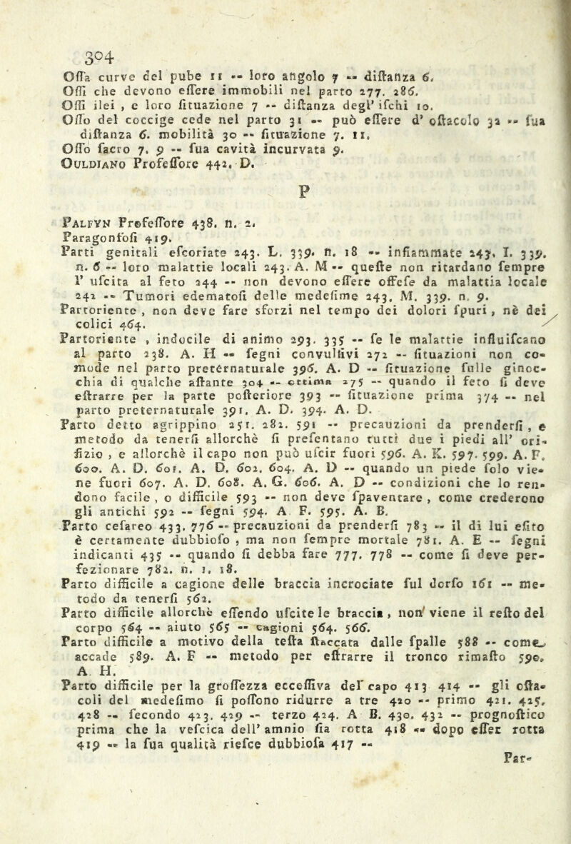 Odi che devono edere immobili nel parto 277. 286. Odi ilei , e loro lìtuazione 7 — didanza degl’ ifctii io. Odo del coccige cede nel parto 31 — può edere d’ odacelo 3a *- Tua didanza C. mobilità 30 »« Situazione 7. ir» Odo facro 7. 9 — Tua cavità incurvata 9. Ouldiano Profeflore 442« £*• P Falfyn Frofeflbre 438. n. 2. Paragoninoli 419. Farti genitali efeoriate 243. L. 339. ft. 18 — infiammate 247. I. 339. n. 6 — loro malattie locali 243. A. M « quelle non ritardano Tempre V ufeita al feto 244 -- non devono edere ofFefe da malattia locale 242 -* Tumori edematod delle mededme 243, M. 339. n, 9. Partoriente , non deve fare sforzi nel tempo dei dolori fpuri , nè dei colici 464. ^ Partoriente , indocile di animo 293. 33? -- fe le malattie influifeano al parto 238. A. H — fegni convulsivi 272 — dtuazioni non co- mode nel parto preternaturale 39^. A. D « lìtuazione Tulle ginoc- chia di qualche aliante 304 - cttima 275 — quando il feto lì deve e {trarre per la parte poderiore 393 — dtuazione prima 374 — nei parto preternaturale 391. A. D. 394. A. D. Parto detto agrippino 251. 282. 591 — precauzioni da prenderli, e metodo da tenerli allorché d presentano tutti due i piedi ali’ ori- il zio , e allorché il capo non può ufeir fuori 596. A. K. 597. 599. A. F» Coo. A. D. 6oì. A. D. 602. 604. A. D — quando un piede Solo vie- ne fuori 607. A. D. 608. À. G. 606. A. D — condizioni che lo ren- dono facile , o difficile 593 -- non deve Spaventare > come crederono gli antichi 592 — fegni 594. A F. 595. A. B, Parto cefareo 433. 776— precauzioni da prenderli 783 — il di lui edto è certamente dubbiofo , ma non Sempre mortale 781. A. E — fegni indicanti 43$ «- quando li debba fare 777, 778 — come li deve per- fezionare 782. n. 1. s8. Parto difficile a cagione delle braccia incrociate fui derfo 161 — me- todo da cenerd 562. Parto difficile allorché edendo ufeite le bracci» , non/ viene il redo del corpo 5^4 — aiuto $6$ « cagioni 564. sòtf. Parto difficile a motivo della teda ftaccata dalle Spalle 588 -- comi, accade 589. A. F — metodo per ellrarre il tronco rimafto 59©, A H. Parto difficile per la grodezza eccediva def capo 413 414 — gli oda- coli del mededmo fi pollono ridurre a tre 420 -- primo 421. 425, 428 — fecondo 423. 429 — terzo 424. A B. 430. 432 — prognodico prima che la vefcica dell7 amnio fi a rotta 418 dopo eflee rotta 419 « la Sua qualità riefee dubbiofa 417 — Par-