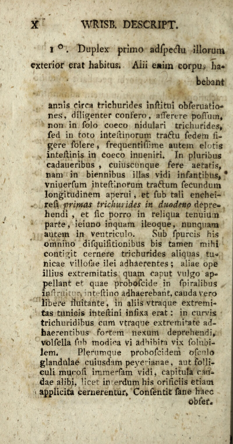 1 ^. Duplex primo adfpecflu illorum exterior erat habitus, Alii enim corpuo ha- bebant annis circa trichurides inftitui obferuatio- nes, dili^Tente^ confero, aiTert-re pofiuin, non in folo coeco nidulari trichurides* fed in toto intertinorum traftu fedem fi- gere folere* frequentiffime autem eh tis , intellinis in Coeco inueniri. In pluribus cadaueribus * cuiiiscunque fere aetatis, nam in biennibus illas vidi infantibus* * vniuerfum inteftinofum traftum fecundum longitudinem aperui ^ et fub tali enchei- refi primas trichm ides in duodeno depre- hendi , et fic porro in reliqua tenuiuin parte, leiuno inquam ileoque, nunquam autem in ventriculo. Sub fpurcis his omnino difquifitionibus bis tamen mihi contigit cernere trichurides aliquas tu-» nicae villofae ilei adhaerentes ; aliae ope illius extremitatis quam caput Vulgo ap- pellant et quae probofeide in fpiralibus : ^nteftino adhaerebant, cauda vero . libere tluitante, in aliis vtraque extremi- tas tunicis inteftini infixa erat: in curvis trichuridibus cum vtraque extreitii':ate ad- haerentibus fo»*tem tiexuni deprehendi* volfella fnb modica vi adhibita vix folubi- lem. Plerumque probofeidem ofefio glandulae cuiusdam peye^ ianae, aut folli- culi murofi immerfam vidi^ capitula cau- dae alibi, licet in erdum his orificiis etiam < applicita cernerentur* Confentit fane haec Obfer^