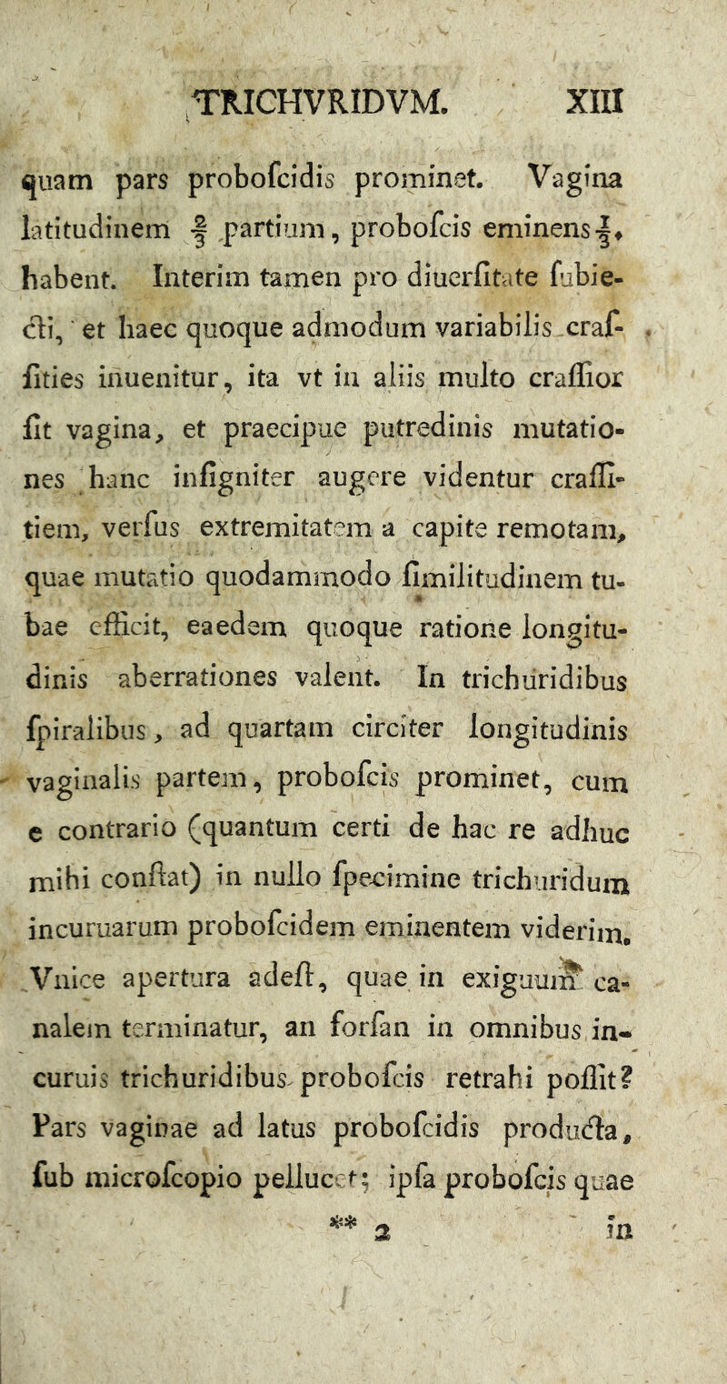 quam pars probofcidis prominet. Vagina latitudinem | ,partium, probofcis eminens I* habent. Interim tamen pro diucrfitate fabie- cli, et haec quoque admodum variabilis craf- flties inuenitur, ita vt in aliis multo craffior fit vagina, et praecipue putredinis mutatio- nes hanc infigniter augere videntur crafll- tiem, verfus extremitatem a capite remotam, quae mutatio quodammodo fimilitudinem tu- bae efficit, eaedem quoque ratione longitu- dinis aberrationes valent. In trichiiridibus fpiralibus, ad quartam circiter longitudinis vaginalis partem, probofcis prominet, cum c contrario (quantum certi de hac re adhuc mihi conflat) in nullo fpecimine trichuridum incuruarum probofcidem eminentem viderim. Vnice apertura adeft, quae in exigam^ ca- nalem terminatur, an forfan in omnibus in- curuis trichuridibus probofcis retrahi poffit? Pars vaginae ad latus probofcidis produdla, fub microfcopio pellucct; ipfa probofcis quae 2 m