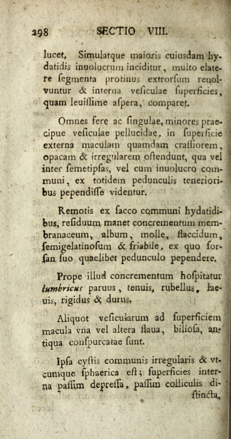 lucet, Simulatque maioris cuiusdam liy- datidis inuolucrujii inciditur, multo elate- re fegmenfa protinus exfrorfum reuol- vuntur & interna veficulae luperficies^ quam leuiflime afpera, comparet. Omnes fere ac fingulae, minores prae- cipue veficulae pellucidae, in fuperficie externa maculam quamdam cralliorem, opacam & irregularem pficndunt, qua vel inter femetipfas, vel cum inuolucro com- muni , ex totidem pedunculis teneriori- bus pependiflfe videntur. Remotis ex facco cqmmuni hydatidi- bus, refiduum manet concrementum mem- branaceum , album, molle, flaccidum ^ femigelatinofum & friabile, ex quo for- fan fuo quaelibet pedunculo pependere. Prope illud concrementum holpitatur lumbricum paruus , tenuis, rubellus ^ lae- uii, rigidus dc durus, Aliquot veficuiarum ad fuperficiem macula vna vel altera flaua, biliola, anr tiqu^ confpurcatae funt. Ipfa cyOis coinmunis irregularis & vt- cumque fphaerica e/l; fuperficies inter- ^ na paflim deprelTa, palTim colliculis di> / ■ ■ ■ . ftinda.