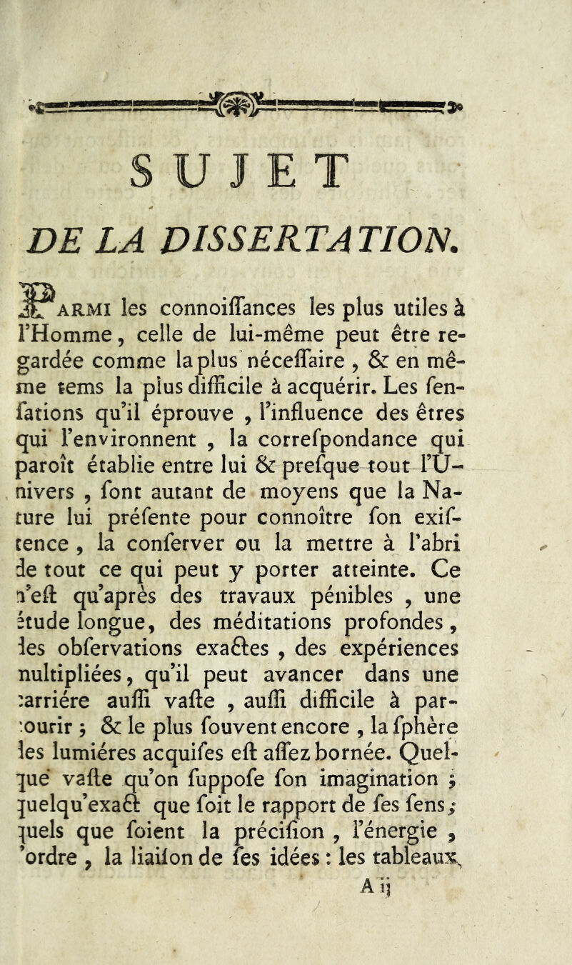 SUJET DE LA DISSERTATION. ARMi les connoiflances les plus utiles à l’Homme, celle de lui-même peut être re- gardée comme laplus néceflaire , & en mê- me tems la plus difficile à acquérir. Les fen- fations qu’il éprouve , l’influence des êtres qui l’environnent , la correfpondance qui paroît établie entre lui & prefque tout l’U- nivers , font autant de moyens que la Na- ture lui préfente pour connoître fon exif- tence , la conferver ou la mettre à l’abri de tout ce qui peut y porter atteinte. Ce a’eft qu’après des travaux pénibles , une étude longue, des méditations profondes, les obfervations exaftes , des expériences nultipliées, qu’il peut avancer dans une ^arriére auffi vafte , auffi difficile à par- '.ourir j & le plus fouvent encore , la fphère les lumières acquifes eft aflfez bornée. Quel- ■jué vafte qu’on fuppofe fon imagination j pelqu’exaft que foit le rapport de fes fens; :[uels que foient la précifion , l’énergie , ’ordre , la liailon de fes idées : les tableaux, Aii
