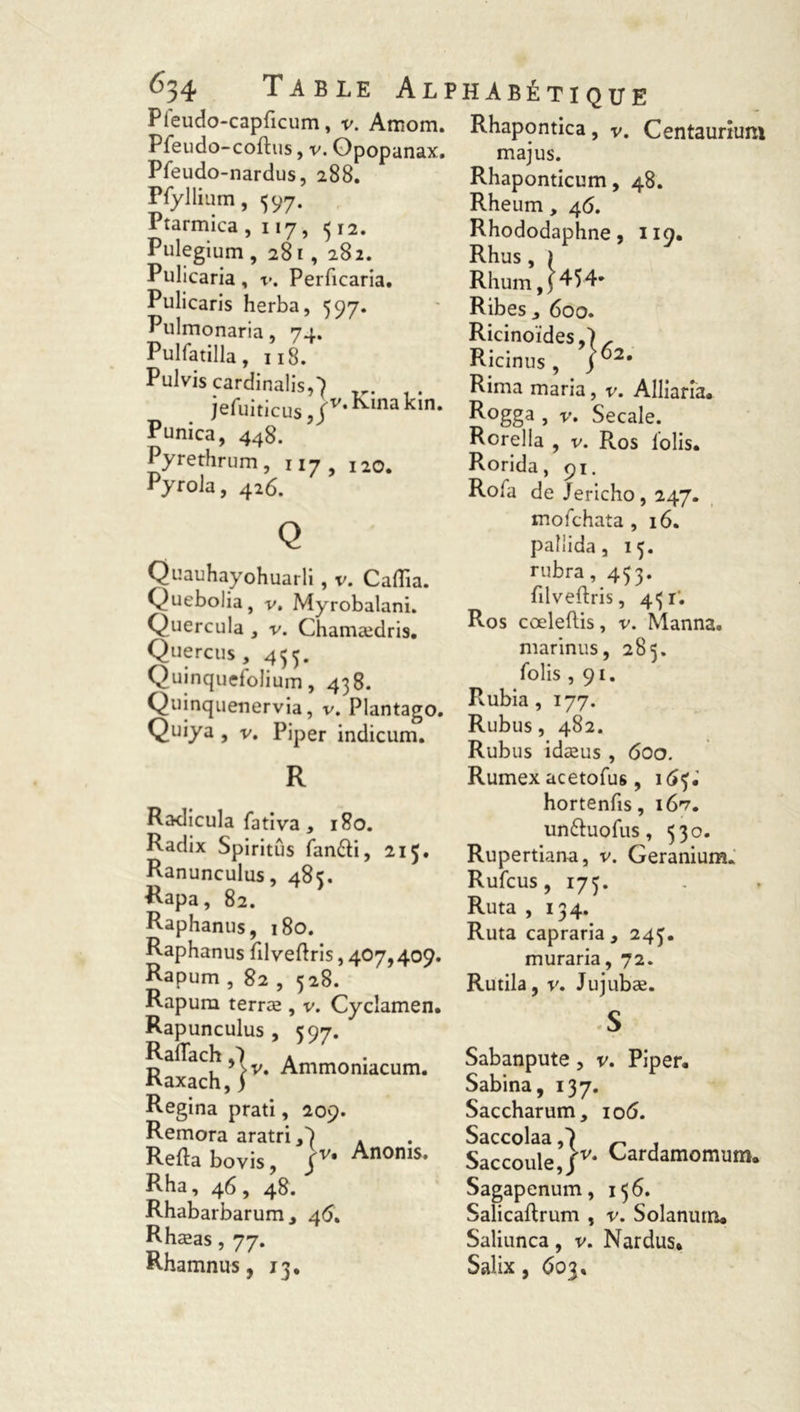 Pleudo-capficum, v. Amom. Pfeudo-coftus, v. Opopanax. Pfeudo-nardus, 288. Pfyllium, 597. Ptarmica ,117, 512. Pulegium , 281 , 282. Pulicaria, v. Perficaria. Pulicaris herba, 597. Pulmonaria, 74. Pulfatilla, 118. Pulvis cardinalisG jefuiticusJv*Kinakin- Punica, 448. Pyrethrum, 117, I2o. PyroJa, 426. Q Quauhayohuarli, v. Caflia. Quebolia, v. Myrobalani. Quercula , v. Chamædris. Quercus, 455. Quinquclolium, 438. Quinquenervia, v. Plantago. Quiya , v. Piper indicum. R Radicula fativa, 180. Radix Spiritûs fan&i, 215. Ranunculus, 48^. Rapa, 82. > Raphanus, 180. Raphanus fdveftris, 4O7,409. Rapum , 82 , 528. Rapura terræ , v. Cyclamen. Rapunculus , 597. Raflach S) * p » *>v. Ammomacum. ivaxach, > Regina prati, 209. Rémora aratriG A Relia bovis, Anonis. R ha, 4 6, 48. Rhabarbarum* 4<5. Rhæas, 77. Rhamnus, 13. Rhapontica, v. Centaurium majus. Rhaponticum, 48. Rheum, 46, Rhododaphne, 110. Rhus , i R hum, j 4 5 4* Ribesj 600. Ricinoïdes,) , Ricinus , j Rima maria, v. Alliaria. Rogga , v. Secale. Rorella , v. Ros lolis* Rorida, 91. Rofa de Jéricho, 247. mofchata , 16. pallida, 15. rubra,453. fdveftris, 431. Ros cœleftis, v. Manna» marinus, 283. Polis ,91. Rubia , 177. Rubus, 482. Rubus idæus , 600. Rumex acetofus, 163. hortenfis, 16^ • un£luofus, 530. Rupertiana, v. Géranium. Rufcus, 173. Ruta , 134. Ruta capraria, 243. muraria, 72. Rutila, v. Jujubæ. S Sabanpute , v. Piper. Sabina, 137. Saccharum, 10 6. Saccolaa G _ t Saccoule,/v* Cardamomum. Sagapenum, 136. Salicaftrum , v. Solanurn. Saliunca, v. Nardus» Salix, 603,