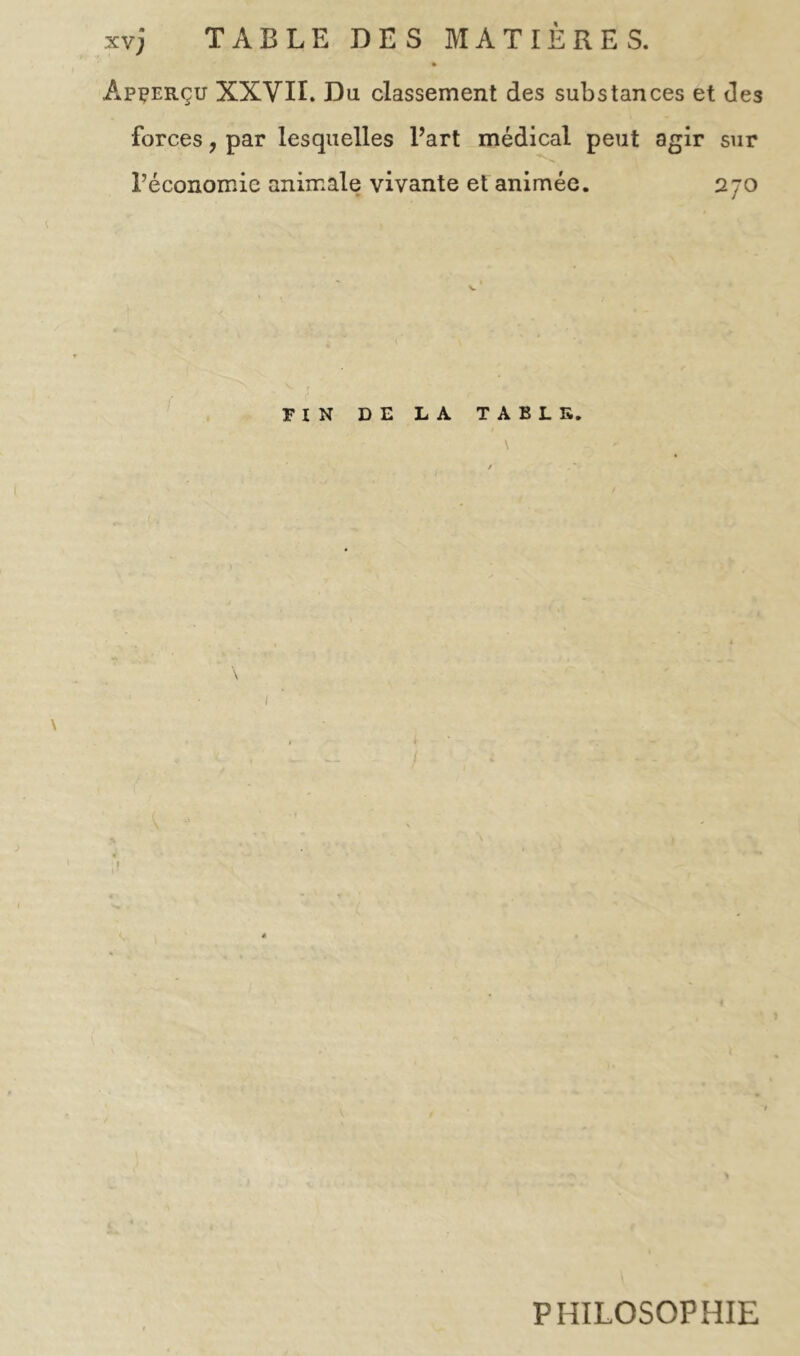 xvj TABLE DES MATIÈRES. Apçerçu XXVII. Da classement des substances et des forces, par lesquelles Part médical peut agir sur l’économie animale vivante et animée. 270 FIN DE LA TABLE, \ ; i < PHILOSOPHIE