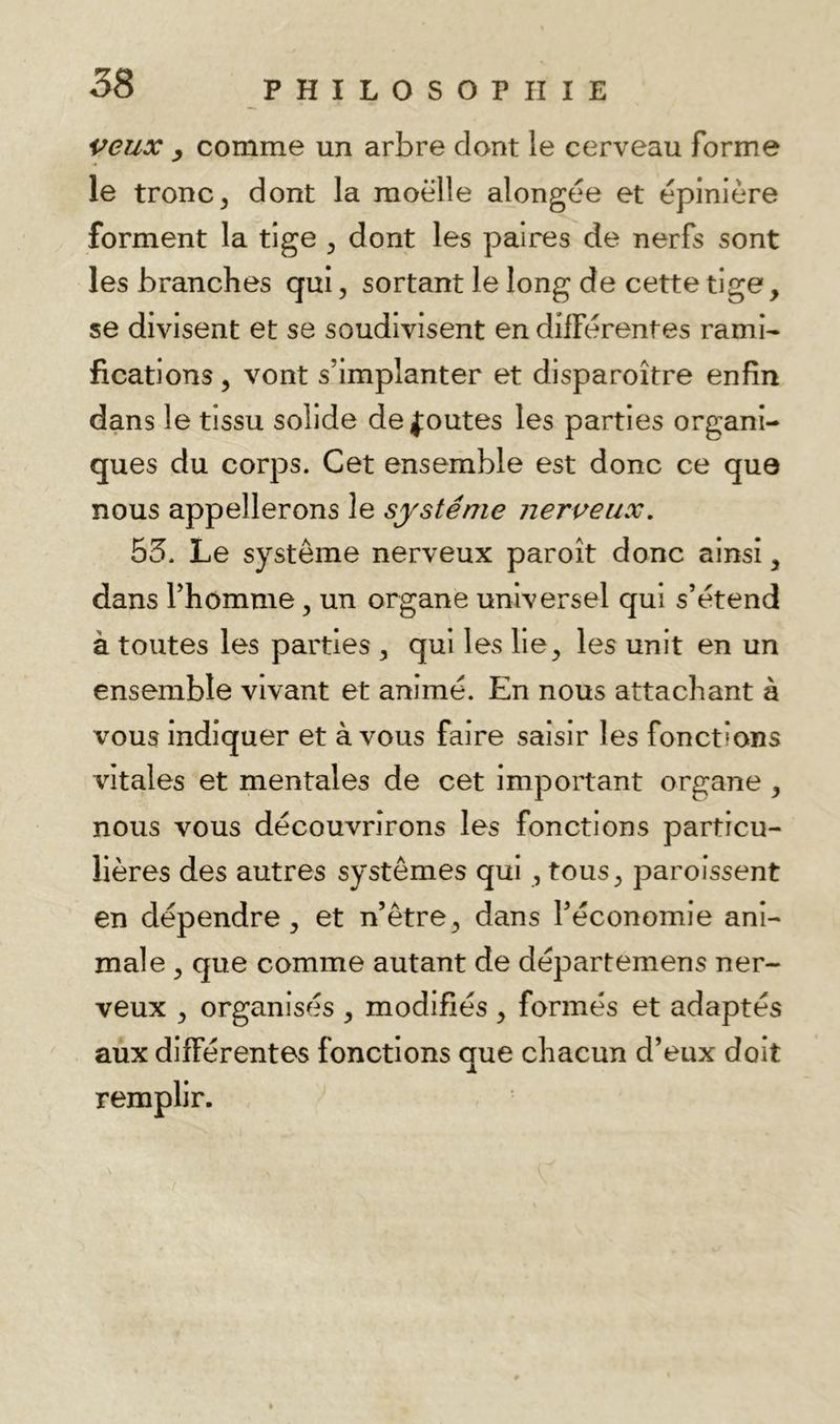 veux y comme un arbre dont le cerveau forme le tronc, dont la moelle alongee et épinière forment la tige , dont les paires de nerfs sont les branches qui, sortant le long de cette tige, se divisent et se soudlvlsent en différentes rami- fications , vont s’implanter et disparoître enfin dans le tissu solide de foutes les parties organi- ques du corps. Cet ensemble est donc ce que nous appellerons le système nerveux. 53. Le système nerveux paroît donc ainsi, dans l’homme, un organe universel qui s’étend à toutes les parties , qui les lie, les unit en un ensemble vivant et animé. En nous attachant à vous indiquer et à vous faire saisir les fonctions vitales et mentales de cet important organe , nous vous découvrirons les fonctions particu- lières des autres systèmes qui, tous, paroissent en dépendre, et n’ètre, dans réconomie ani- male , que comme autant de départemens ner- veux , organisés , modifiés , formés et adaptés aux différentes fonctions que chacun d’eux doit remplir.