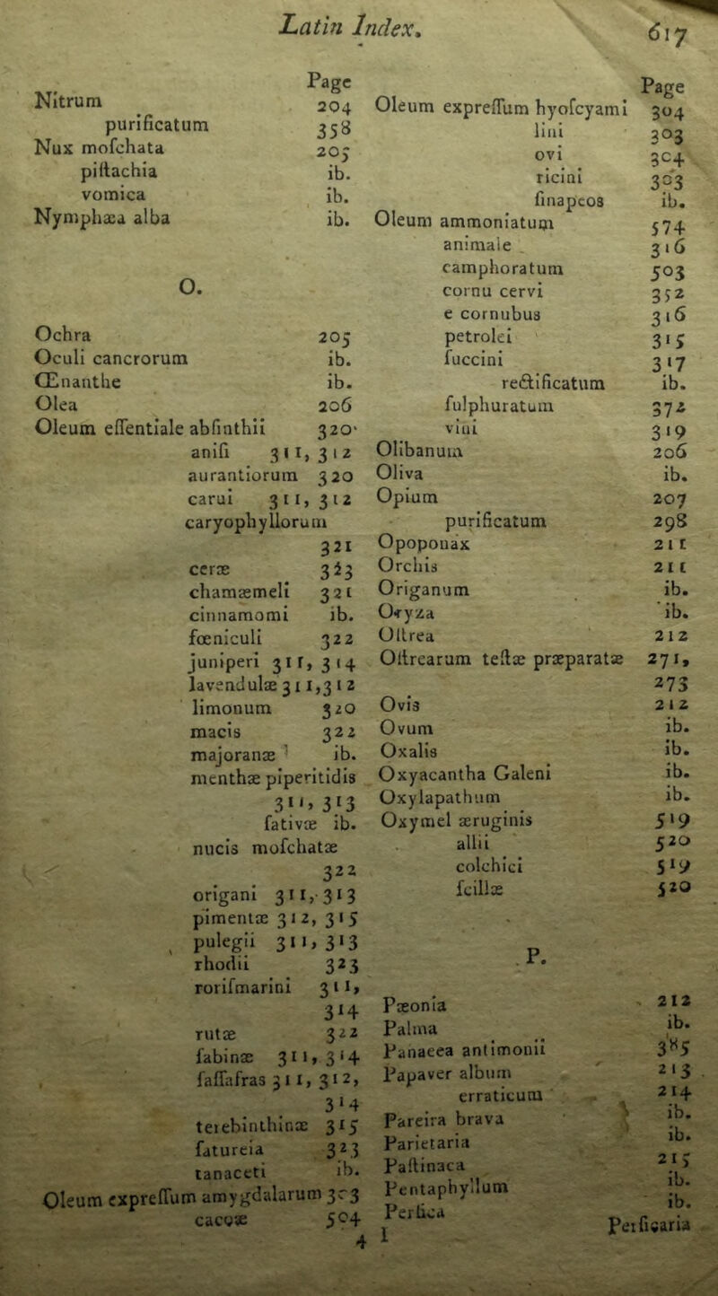 NItrum purlficatum Nux mofchata piitachia vomica Nymphxa alba O. Ochra Oculi cancrorum Glnantlie Olea Oleum effentiale abfinthil 320- anid 311, 312 auranlioruin 320 carul 3 11, 312 caryophyllorum 321 ccr® 3I3 chamsmeli 321 cinnamomi ib. foeniculi 322 juniperi 31 r, 3 14 lavendulse 311,3 J z Hmonum 320 macis 322 majoranae ’ ib. mcnthx plperitidis 3}3  fativx ib. nucis mofchatx ^ 322 origan! 3U,-3i3 pimenlx 312, 315 ^ pulegii 311,313 rhodii 323 rorifmarinl 3H nitae 322 fabinx 3''*3‘4 , faflafras 311, 3‘4 teiebinihiox 315 fdtureia 323 tanaccti ib. Oleum cxpreflum amygdalarum 3-3 cacyse 5^4 4 Page 204 358 20j ib. ib. ib. 205 ib. ib. 206 617 Page Oleum exprelTum byofcyami 304 lliii 303 ovi 504 riclnl 30*3 finapcos ib. Oleum ammoniatum 374 animaie . 316 camphoratum 503 cornu cervi 352 e cornubua 3i6 petrolei 315 fuccini 317 reftificatura ib. fulphuratum 372 vlui 319 Olibanuia 206 Oliva ib. Opium 207 purlficatum 298 Opopouax 211 Orchis 21 £ Origanum ib. Ofyza ib. Ollrea 212 Ollrearam teflx prxparatx 271, 273 Ovis 212 Ovum ib. Oxalis ib. Oxyacantha Galeni ib. Oxylapathum ib. Oxymel xruginis 5*9 allii ' 5^^ colchici 5*9 fcillx 520 .P. Pxonia Palma Panacea antimouii Papaver album erraticum Pareira brava Parietaria Paftinaca Pentaphy'lum Perlica I . 2X2 ib. 3«5 213 214 ' ib. ib. 21; ib. ib. petficaria