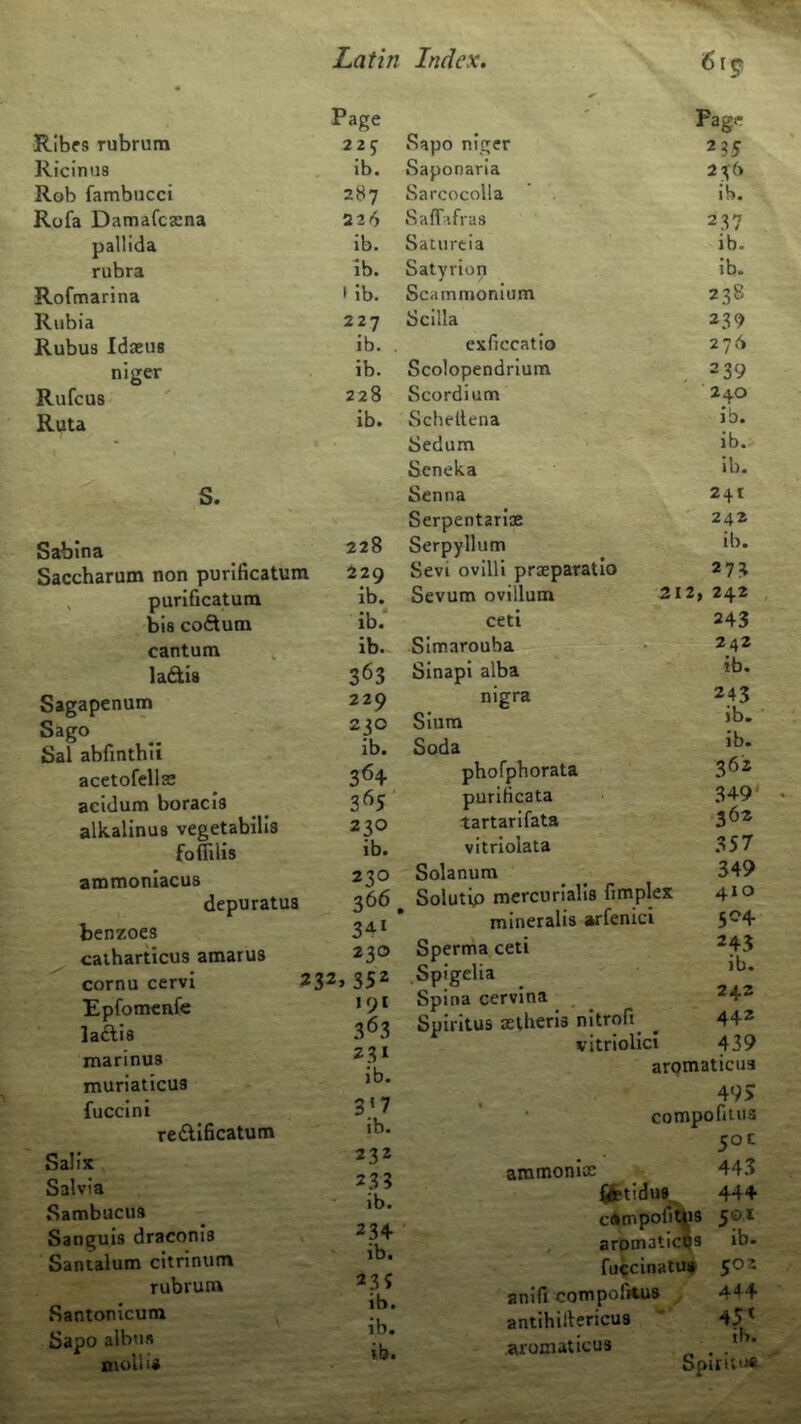 615! Page Page RIbes rubrum 225 Sapo niger 2?5 Ricinus ib. Saponarla 2 ^'6 Rob fambucci 287 Sarcocolla ib. Rofa Damafcaina 22(S Saffafras 237 pallida ib. Saturtia ib. rubra ib. Satyrion ib. Rofmarina > ib. Scammonium 238 Rubia 227 Scilla 239 Rubus Idasus ib. exficcatio 276 niger ib. Scolopendrium , 239 Rufcus 228 Scordium 240 Ruta ib. Scheltena ib. - Sedum ib. Seneka ib. S. Senna 241 Serpentariae 242 Sabina 228 Serpyllum ib. Saccharum non purificatum 229 Sevi ovilli praeparatio 273 , purificatum ib. Sevum ovillum 212, 242 bis co6lum ib.‘ ceti 243 cantum ^ ladis Sagapenum Sago Sal abfinthli acetofellse acidum boracis alkalinua vegetabills foffilis ammonlacus depuratua benzoea caiharticus amarus cornu cervi 23^ Epfomcnfe laclis marinua murlaticua fuccini re£H6catutn Sal is Salvia Sambucua Sanguis draconia Santalum citrinutn rubrum Santonicum Sapo aibna mollU ib. 363 229 230 ib. 3^4 365 230 ib. 230 366. 34‘ 230 >352 191 363 231 ib. 3.«7 ib. 232 233 ib. 234 ib. 23? ib. ib. ib. SImarouba Sinapi alba nigra Slum Soda phofpborata purificata tartarifata vitriolata Solanum Solutip mcrcurialia fimplex mineralis arfenici Sperma ceti Spigelia Spina cervina Spiritus setheria nitrofi^ ^ vitriolic! ammomce ^tidua cAnipofit^s , arpmaticjja fuccinatu# anifi compofiius antihillericua .aromaticus 242 ib. 245 ib. ib. 362 349' 362 357 349 410 504 245 ib. 242 442 439 aromaticua 49> compofitua 50c 443 444 501 ib. 502 444 45* ib. Spirit'*