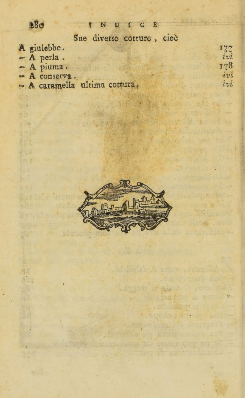 Sue diverse cotture , cioè A giulebbe « i£* — A perla . ivi — A piuma . I?8 — A conserva. * ivi ~ A caramella ultima cottura* ivi 1