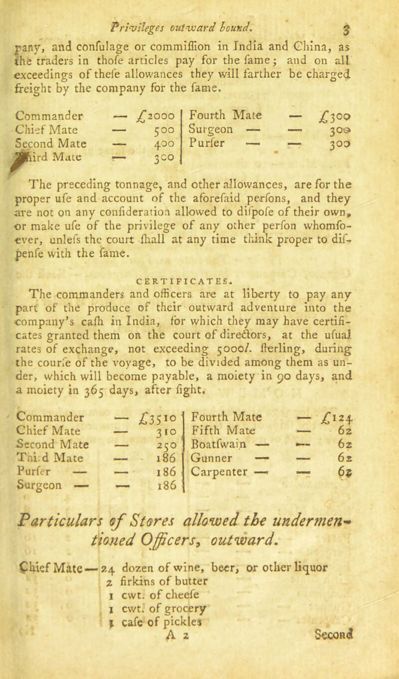 pany, and confulage or commiflion in India and China, as the traders in thofe articles pay for the fame; and on all exceedings of thefe allowances they will farther be charged freight by the company for the fame. Commander Chief Mate Second Mate ird Mate £2000 500 400 3co Fourth Mate Surgeon — Purler — — £l0(> — 300 — 303 The preceding tonnage, and other allowances, are for the proper ufe and account of the aforefaid perfons, and they are not on any confideration allowed to difpofe of their own, or make ufe of the privilege of any other perfon whomfo- ever, unlels the court fhall at any time think proper to dif- penfe with the fame. CERTIFICATES. The commanders and officers are at liberty to pay any part of the produce of their outward adventure into the company’s calh in India, for which they may have certifi- cates granted them on the court of directors, at the ufual rates of exchange, not exceeding 5000/. fherling, during the courfe of the voyage, to be divided among them as un- der, which will become payable, a moiety in 90 days, and a moiety in 365 days, after fight. Commander Chief Mate Second Mate Tni.d Mate Purler — Surgeon — “ £3510 — 310 — 250 — 186 — 186 — 186 Fourth Mate Fifth Mate Boatfwai.n — Gunner — Carpenter — £124 62 62 62 6? Particulars <sf Stores allowed the undermen- tioned Officers, outward. Chief Mate—24 dozen of wine, beer, or otherliquor 2 firkins of butter 1 cwt. of cheefe 1 cwt. of grocery l cafe of pickles