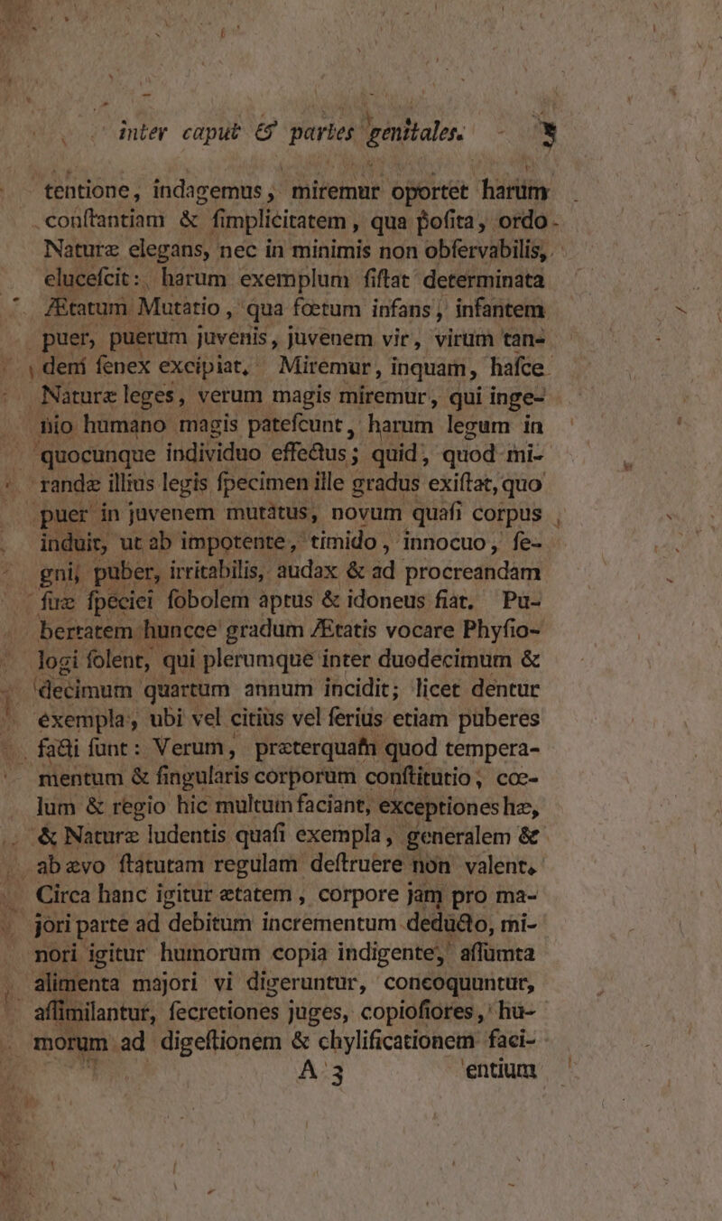 P e M d o H dnter caput &amp; partes tentat 7 Natura elegans, nec in minimis non obfervabilis, elucefcit:, harum exemplum fiftat' determinata ZEtatum. Mutatio , qua foetum infans , infantem puer, puerum juvenis, juvenem vir, virum tan» Nature leges, verum magis miremur, qui inge- io humano magis patefcunt , harum legum in | quocunque individuo effe&amp;tus ; 3$ quid, quod- mi- induit, ut ab impotente, 'timido , , innocuo, fe- £gnij- puber, irritabilis, audax &amp; ad proérediidámi decimum ' quartum annum incidit; licet dentur exempla, ubi vel citius vel ferius etiam puberes lum &amp; regio hic multum faciant, exceptiones hz, .&amp; Nature ludentis quafi exempla , generalem &amp; Circa hanc igitur etatem , corpore jam pro ma- alimenta majori vi digeruntur, concoquuntur, limilantur, fecretiones Juges, copiofiores ,' hü- A:3 entium