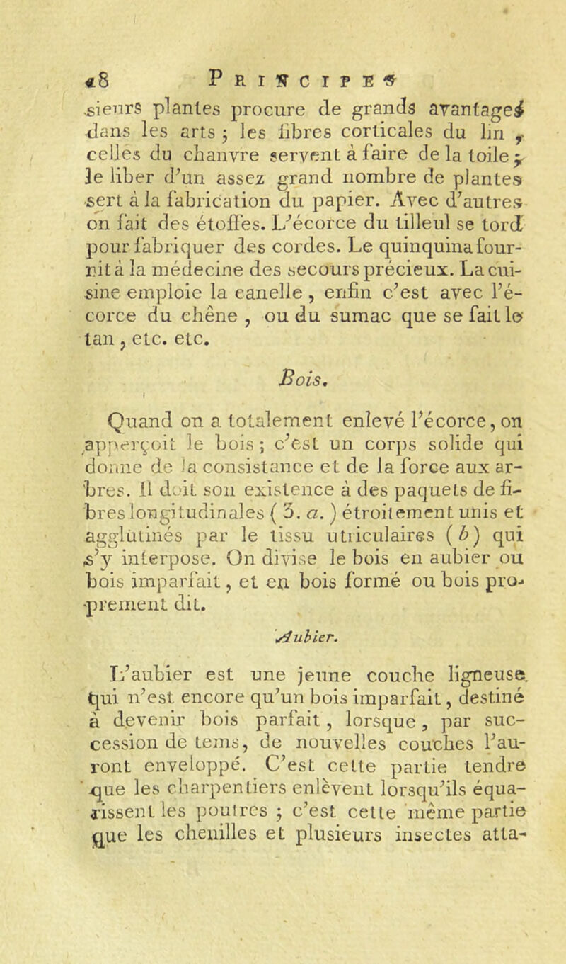 •sienrS plantes procure de grands avantage^ dans les arts 3 les libres corticales du lin ^ celles du chanvre servent à faire de la toile ^ le liber d^un assez grand nombre de plantes •sert à la fabrication du papier. Avec d^autres on fait des étoiles. L'’écorce du tilleul se tord pour fabriquer des cordes. Le quinquina four- nit à la médecine des secours précieux. La cui- sine emploie la canelle , enfin c’est avec f é- corce du chêne , ou du sumac que se fait le tan, etc. etc. Bois. \ Quand on a totalement enlevé l’écorce, on apperçoit le bois ; c’est un corps solide qui doiiiie de la consistance et de la force aux ar- bres. il doit son existence à des paquets de li- bres longitudinales ( 3. «. ) étroitement unis et agglutinés par le tissu utiiculaires {b) qui s’y interpose. On divise le bois en aubier ou bois imparfait, et en bois formé ou bois pro-* «prement dit. \^uhieT. L’aubier est une jeune couche ligneuse, qui n’est encore qu’un bois imparfait, destiné à devenir bois parfait, lorsque, par suc- cession de tems, de nouvelles couches l’au- ront enveloppé. C’est cette partie tendre ■ <jue les charpentiers enlèvent lorsqu’ils équa- rissent les poutres 3 c’est cette même partie ique les chenilles et plusieurs insectes atta-
