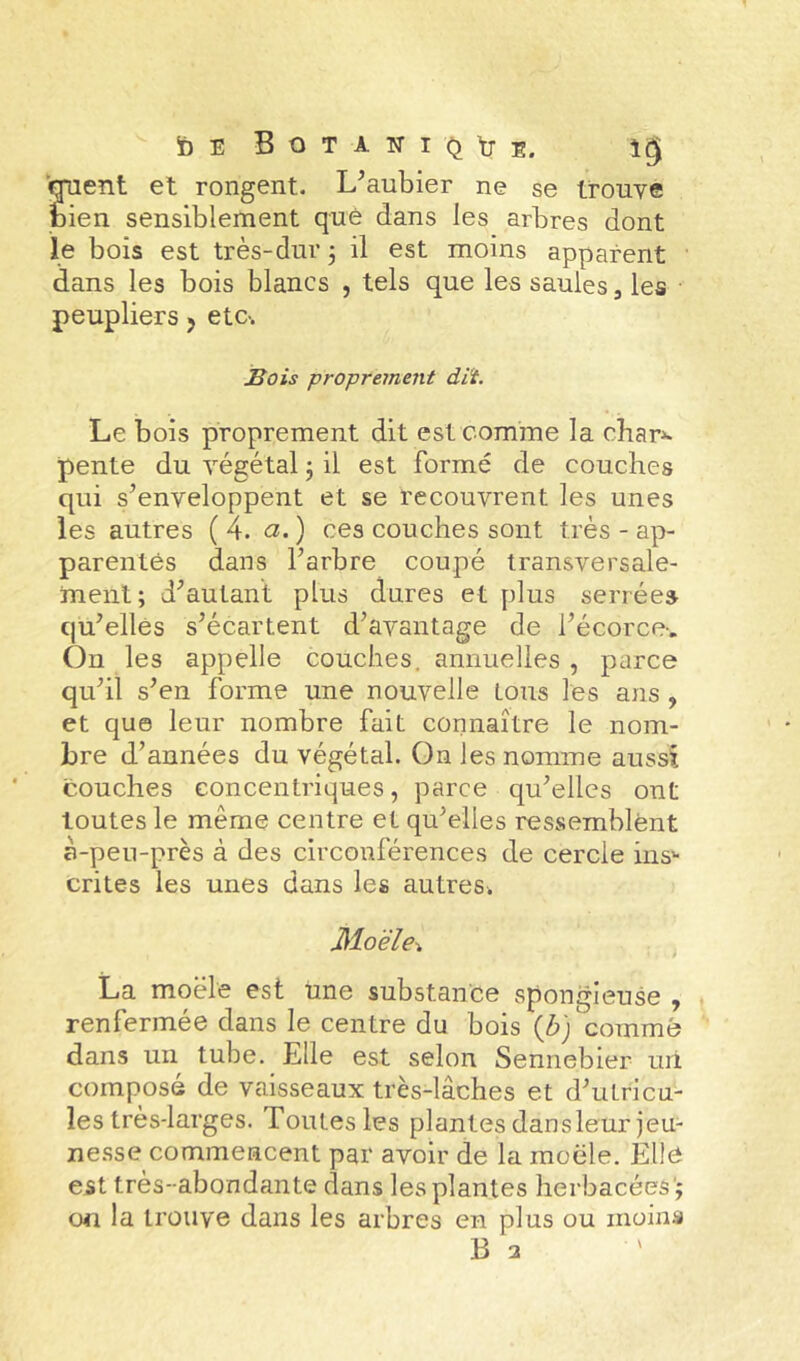 bE BOTATTIQbE. \§ Vjuent et rongent. L^aubier ne se tronye bien sensiblement que dans les arbres dont le bois est très-dur 3 il est moins apparent dans les bois blancs , tels que les saules, les • peupliers j etc. JSois proprement dit. Le bois proprement dit est comme la char»* pente du végétal 3 il est formé de couches qui s’enveloppent et se recouvrent les unes les autres (4. <3. ) ces couches sont très - ap- parentés dans l’arbre coupé transversale- ment; d’autant plus dures et plus serrées qu’elles s’écartent d’avantage de l’écorce-. On les appelle couches, annuelles , parce qu’il s’en forme une nouvelle tous les ans, et que leur nombre fait connaître le nom- bre d’années du végétal. On les nomme aussi couches concentriques, parce qu’elles ont toutes le même centre et qu’elles ressemblent à-peu-près à des circonférences de cercle ins'- crites les unes dans les autres. Moële-^ La moële est line substance spongieuse , renfermée dans le centre du bois {h) comme dans un tube. Elle est selon Sennebier uri composé de vaisseaux très-lâches et d’utricu- les très-larges. Toutes les plantes dans leur jeu- nesse commencent par avoir de la moële. Elle e5t très-abondante dans les plantes herbacées'; on la trouve dans les arbres en plus ou inolzis