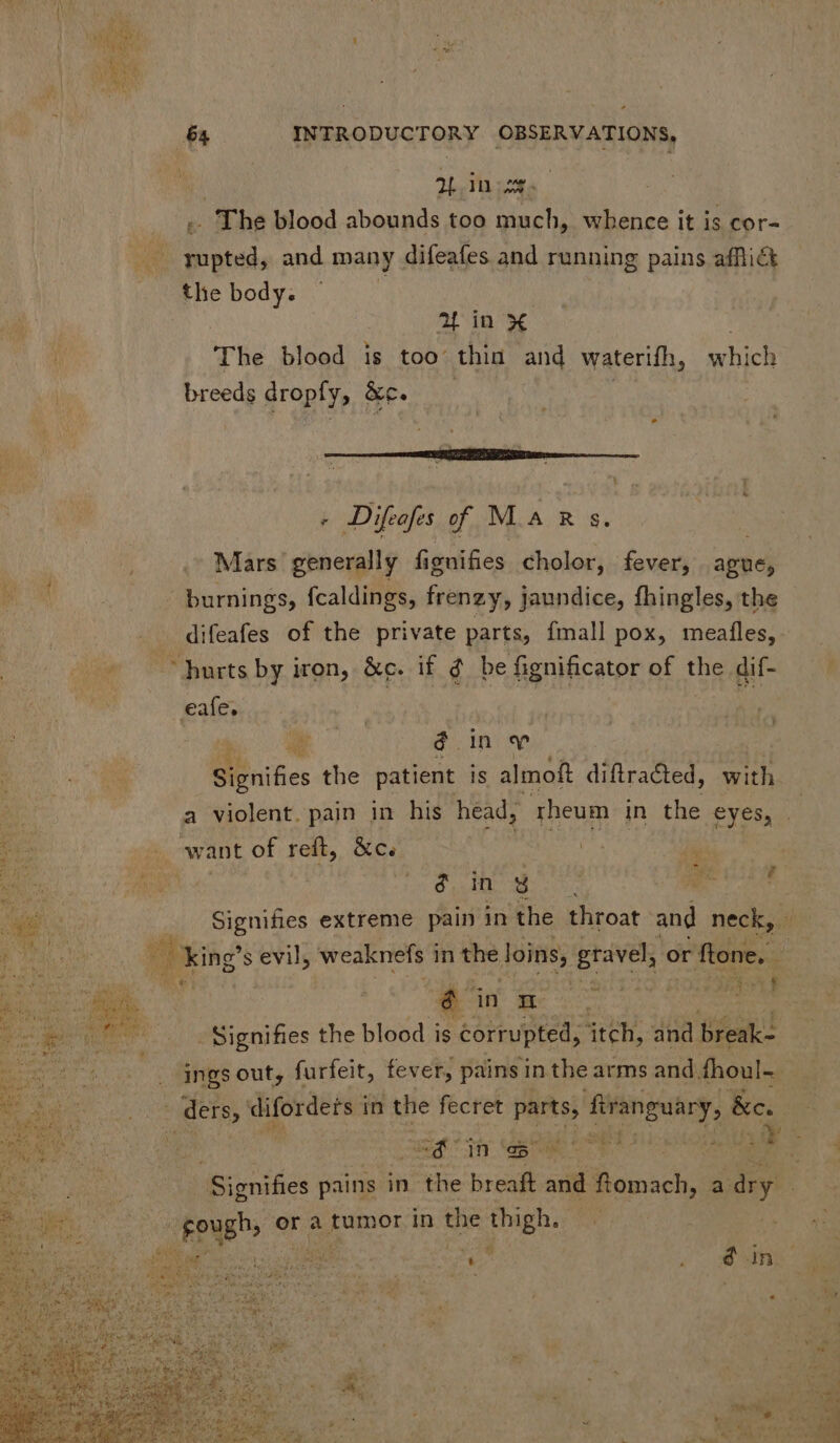 | in zx. . The blood abounds too much, whence it is cor- Ds, and many difeafes and running pains afflict the body. eU aL in x The blood is too thin and waterifh, which breeds dropfy, &c. | - Difeofes of Mar s. | Mars generally fignifies cholor, fever, ague, ' burnings, fcaldings, frenzy, jaundice, fhingles, the difeafes of the private parts, fmall pox, meafles, eafe. | ME d ine B ite: the patient is almoft diftracted, with - want of reft, &c. | T | é in T ide NCUCOOR 5 ‘King’s s evil, weaknefs i in the loins, gravel; or F ftone. in m > - Signifies the blood is corrupted, “itch, and break- der, difordets i in | the fecret parts, firanguary, &c. viator M LA TE $5611 . PEL ue If db, T MOS C o »Feugh, ora DAE in the thigh. SUM. e pa uU d us ; * 2 d In E vv Mad ANS s prr MEL iv ot : J ae à. MA ial