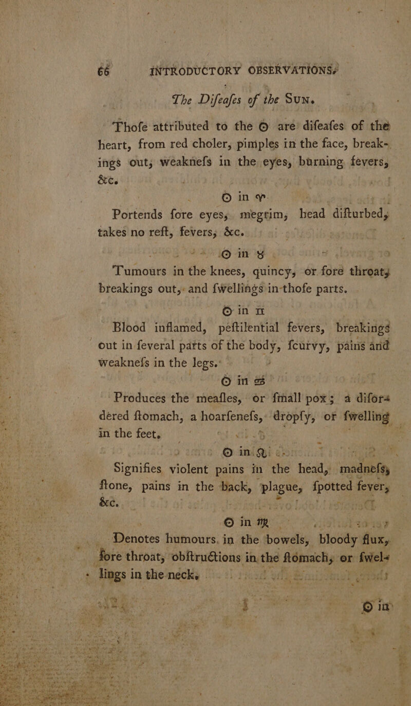 The Difeafes of the Sun. Thofe attributed to the © are difeafes of the heart, from red choler, pimples in the face, break-. ings out, weaknefs in the eyes, burning, fevers, &c. | . 6 in Portends fore eyes, megtim; head difturbed, takes no reft, Jia; &c. ! : ; Om ¥ H | Tumours in ihe cce quincy, or fore divin breakings out,: and fwellings in-thofe parts. © in T Blood inflamed, peftilential fevers, breaking out in feveral parts of the body, fcurvy, pains and Weaknels in the legs.: | Ó insi Produces the meafles, or fmall pox; a difor- déred ftomach, a hoarfenefs, dropfy, of ghe. M in the feet, NIE PITT. po a ; © ing: YI PEE .. Signifies violent pains in ie head, ‘medneh But ftone, pains in the irs plague, e fever, &c. T nit Oinm. £311 10193 iaaanores humours. in the bowels, bloody: flux, - fore throat, obftructions i in the Aomachs or fwel+ ad in the ndcki Ol hut VIE Boe RPM Dd IM j