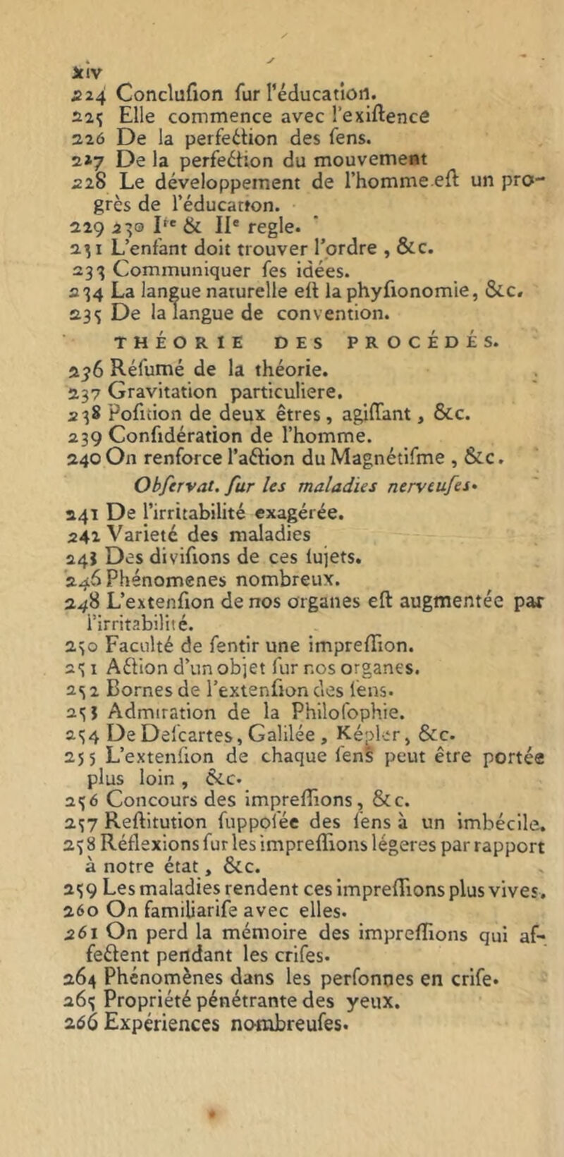 £24 Conclufion fur l’éducanon. Elle commence avec l’exiftencô 326 De la perfection des fens. 2»7 De la perfection du mouvement 328 Le développement de l’homme eft un pro- grès de réducatton. 329 2^0 P* & II' réglé. 3^1 L’enfant doit trouver l’ordre , &c. 233 Communiquer fes idées, s 34 La langue naturelle ell la phyfionomie, &c. 333 De la langue de convention. THÉORIE DES PROCÈDES. 356 Réfumé de la théorie. 337 Gravitation particulière. 238 Pofition de deux êtres, agiffant, &c. 339 Confidération de l’homme. 240 On renforce l’aCtion du Magnétifme , &c. ObfcTvat. fur les maladies nerveufes- 341 De l’irritabilité exagérée. 242 Variété des maladies 24Î Des divifions de ces lujets. 246 Phénomènes nombreux. 348 L’extenfron de nos organes eft augmentée par l’irritabilité. 330 Faculté de fentir une impretTion. 231 Action d’un objet fur nos organes. 232 Bornes de l’extenfion des léns. 21; J Admiration de la Philofophie. 2154 DeDefcartes, Galilée , Kéj>ler, &c. 355 L’extenfion de chaque fens peut être portée plus loin , Cic. 2<;6 Concours des impreflîons, &c. 337 Reftitution fuppoiée des fens à un imbécile. 338 Réflexions fur les impreflions légères par rapport à notre état, &c. 339 Les maladies rendent ces impreflions plus vives. 360 On familiarife avec elles. 261 On perd la mémoire des impreflions qui af- feCtent pendant les crifes. 364 Phénomènes dans les perfonnes en crife. 261; Propriété pénétrante des yeux. 366 Expériences nombreufes.