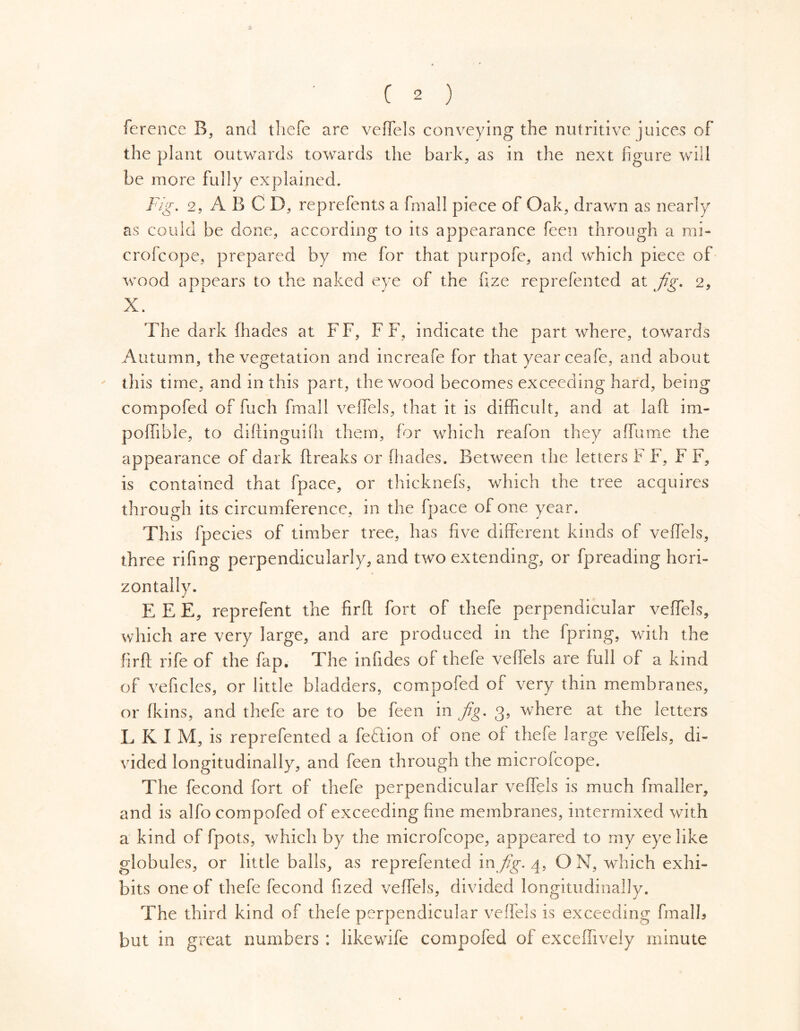 ference E, and thefe are vefiels conveying the nutritive juices of the plant outwards towards the bark, as in the next figure will be more fully explained. Fig. 2, AB CD, reprefents a fmall piece of Oak, drawn as nearly as could be done, according to its appearance feen through a mi- cro (cope, prepared by me for that purpofe, and which piece of wood appears to the naked eye of the fize reprefented at Jig. 2, X. The dark fhades at FF, F F, indicate the part where, towards Autumn, the vegetation and increafe for that yearceafe, and about this time, and in this part, the wood becomes exceeding hard, being compofed of fuch fmall vefiels, that it is difficult, and at laft im- poffible, to diftinguifh them, for which reafon they a flume the appearance of dark (Breaks or (hades. Between the letters F F, F F, is contained that fpace, or thicknefs, which the tree acquires through its circumference, in the fpace of one year. This fpecies of timber tree, has five different kinds of veflels, three rifing perpendicularly, and two extending, or fpreading hori- zontally. E E E, reprefent the firff fort of thefe perpendicular vefiels, which are very large, and are produced in the fpring, with the firff rife of the flip. The infides of thefe vefiels are full of a kind of vehicles, or little bladders, compofed of very thin membranes, or (kins, and thefe are to be feen in Jig. 3, where at the letters L K I M, is reprefented a feftion of one of thefe large vefiels, di- vided longitudinally, and feen through the microfcope. The fecond fort of thefe perpendicular vefiels is much fmaller, and is alfo compofed of exceeding fine membranes, intermixed with a kind of fpots, which by the microfcope, appeared to my eye like globules, or little balls, as reprefented in Jig. 4, O N, which exhi- bits one of thefe fecond fized veflels, divided longitudinally. The third kind of thefe perpendicular vefiels is exceeding ftnalb but in great numbers : likewife compofed of excefiively minute