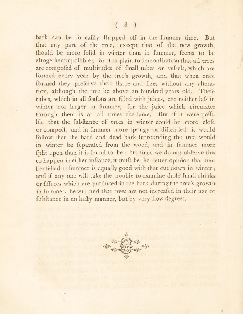 bark can be fo eafily ftripped off in the dimmer time. But that any part of the tree, except that of the new growth, fhould be more folid in winter than in dimmer, feems to be altogether impoflible ; for it is plain to demonftration that all trees are compofed of multitudes of fmall tubes or vefsels, which are formed every year by the tree's growth, and that when once formed they preferve their fhape and fize, without any altera- tion, although the tree be above an hundred years old. Thefe tubes, which in all feafons are filled with juices, are neither lefs in winter nor larger in dimmer, for the juice which circulates through them is at ail times the fame. But if it were pofli- ble that the fubftance of trees in winter could be more clofe or compaft, and in dimmer more fpongy or diftended, it would follow that the hard and dead bark furrounding the tree would in winter be feparated from the wood, and in dimmer more fplit open than it is found to be ; but lince we do not obferve this to happen in either inftance, it mud be the better opinion that tim~ ber felled in dimmer is equally good with that cut down in winter; and if any one will take the trouble to examine thofe fmall chinks or fiffures which are produced in the bark during the tree s growth in dimmer, he will find that trees are not increafed in their fize or fubftance in an hafty manner, but by very flow degrees.