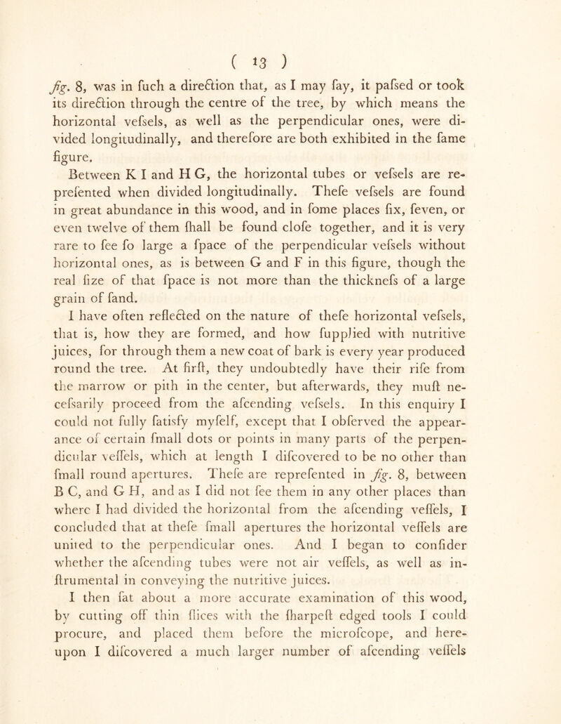 Jig. 8, was in fuch a dire&ion that, as I may fay, it pafsed or took its dire£tion through the centre of the tree, by which means the horizontal vefsels, as well as the perpendicular ones, were di- vided longitudinally, and therefore are both exhibited in the fame figure. Between K I and H G, the horizontal tubes or vefsels are re- prefented when divided longitudinally, Thefe vefsels are found in great abundance in this wood, and in fome places fix, feven, or even twelve of them (hall be found clofe together, and it is very rare to fee fo large a fpace of the perpendicular vefsels without horizontal ones, as is between G and F in this figure, though the real fize of that fpace is not more than the thicknefs of a large grain of fand. 1 have often reflected on the nature of thefe horizontal vefsels, that is, how they are formed, and how fupplied with nutritive juices, for through them a new coat of bark is every year produced round the tree. At firft, they undoubtedly have their rife from the marrow or pith in the center, but afterwards, they muff ne~ cefsarily proceed from the afcending vefsels. In this enquiry I could not fully fatisfy myfelf, except that I obferved the appear- ance of certain fmall dots or points in many parts of the perpen- dicular \effels, which at length I difcovered to be no other than fmall round apertures. Thefe are reprefented in Jig. 8, between B C, and G H, and as I did not fee them in any other places than where I had divided the horizontal from the afcending veffels, I concluded that at thefe fmall apertures the horizontal veffels are united to the perpendicular ones. And I began to confider whether the afcending tubes were not air veffels, as well as in- flrumental in conveying the nutritive juices. I then fat about a more accurate examination of this wood, by cutting off thin flices with the fharpeff edged tools I could procure, and placed them before the microfcope, and here- upon I difcovered a much larger number of afcending veifels