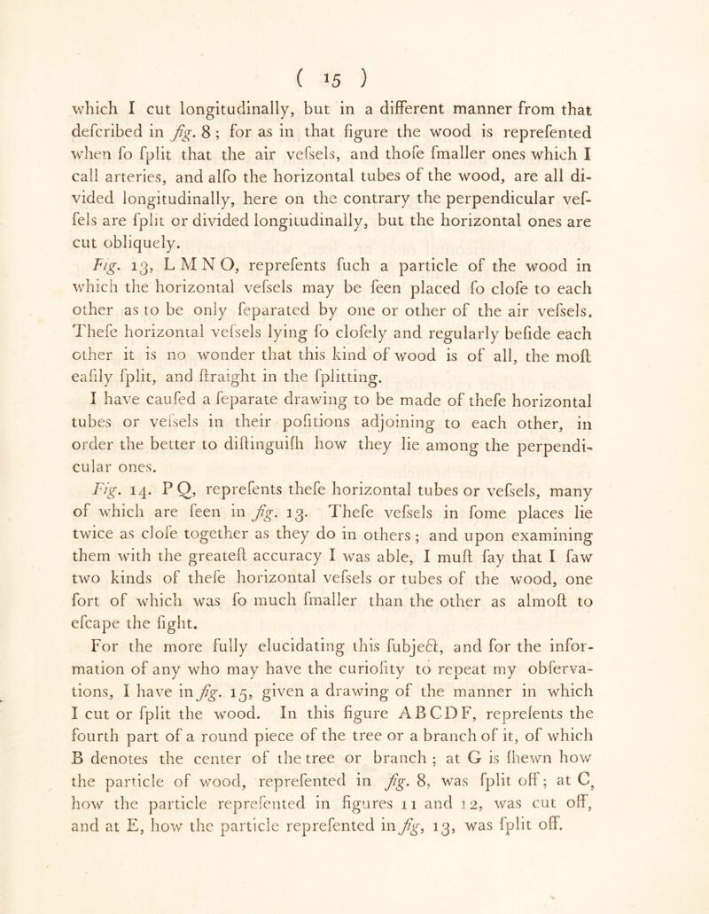 ( *5 ) which I cut longitudinally, but in a different manner from that defcribed in jig. 8 ; for as in that figure the wood is reprefented when fo fplit that the air vefsels, and thofe fmaller ones which I call arteries, and alfo the horizontal tubes of the wood, are all di- vided longitudinally, here on the contrary the perpendicular vef- fels are fplit or divided longitudinally, but the horizontal ones are cut obliquely. Ftg. 13, L M N O, reprefents Rich a particle of the wood in which the horizontal vefsels may be feen placed fo clofe to each other as to be only feparated by one or other of the air vefsels* Thefe horizontal vefsels lying fo clofely and regularly befide each other it is no wonder that this kind of wood is of all, the molt, eafily fplit, and ftraight in the fplitting. I have caufed a feparate drawing to be made of thefe horizontal tubes or vefsels in their pofitions adjoining to each other, in order the better to difimguifh how they lie among the perpendi- cular ones. Fig. 14. PQ, reprefents thefe horizontal tubes or vefsels, many of which are feen m jig. 13. Thefe vefsels in fome places lie twice as dole together as they do in others ; and upon examining them with the greateft accuracy I was able, I muft fay that I faw two kinds of thefe horizontal vefsels or tubes of the wood, one fort of which was fo much fmaller than the other as aimoft to efcape the fight. For the more fully elucidating this fubjeft, and for the infor- mation of any who may have the curiohty to repeat my obferva- tions, I have in jig. 15, given a drawing of the manner in which I cut or fplit the wood. In this figure ABCDF, reprelents the fourth part of a round piece of the tree or a branch of it, of which B denotes the center of the tree or branch ; at G is fhewn how the particle of wood, reprefented in Jig. 8? was fplit off; at C? how the particle reprefented in figures 11 and 12, was cut off, and at E, how the particle reprefented injig, 13, was fplit off.