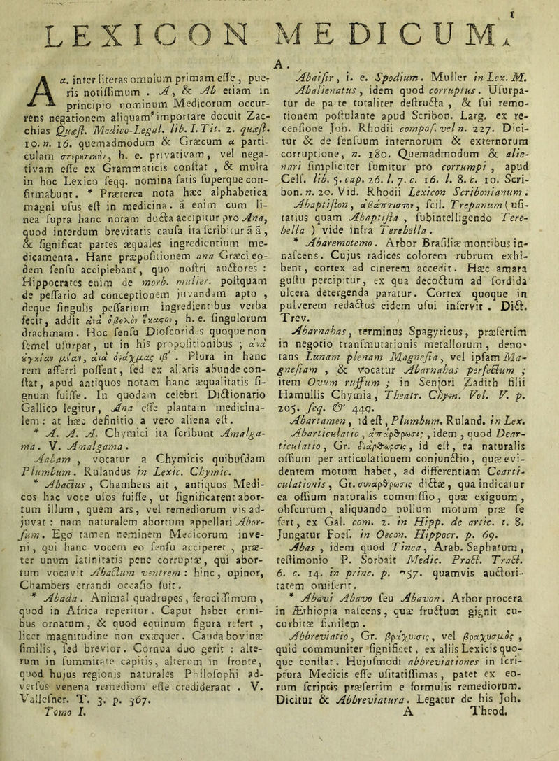 LEXICON MEDICUM,' A a. inter literas omnium primam effe , pue- ris notiffimum . A, & Ab etiam in principio nominum Medicorum occur- rens negationem aliquam*importare docuit Zac- chias Qyccft. Medico-Legal. lib.I.Tit. 2. quajl. 10. n. 16. quemadmodum & Graecum a parti- culam aripYtrtAv, h. e. privativam, vel nega- tivam elle ex Grammaticis confiat , & multa in hoc Lexico feqq. nomina fatis luperquecon- firmabunt. * Praeterea nota haec alphabetica magni ufus efi in medicina . a enim cum li- nea fupra hanc notam du£la accipitur pro Ana, quod interdum brevitatis caufa ita fcribitur a a , & fignificat partes aequales ingredientium me- dicamenta. Hanc praepofuionem ana Graeci e<i= dem fenfu accipiebant, quo noftri auftores : Hippocrates enim de moro, mulier, pofiquam de peffario ad conceptionem juvandam apto , deque fingulis peflarium ingredientibus verba fecit, addit «\* h. e. fingulorum drachmam. Hoc fenfu Diofcorid.s quoque non femel ufurpat, ut in his propoiitionibus ; dvx vyy.luv /2iav, um o-dx^x; A . Plura in hanc rem afferri poffent, fed ex allatis abunde con- flat, apud antiquos notam hanc squalitatis 0- gnum fuiffe. In quodam celebri Di£lionario Gallico legitur, Ana effe plantam medicina- lem: at haec definitio a vero aliena ell. * A. A. A. Chymici ita fcribunt Amalga- ma. V. Amalgama . Aabam , vocatur a Chymicis quibufdam Plumbum. Rulandus In Lexic. Chymic. * Abatlus , Chambers ait , antiquos Medi- cos hac voce ufos fuiffe, ut fignificarent abor- tum illum, quem ars, vel remediorum vis ad- juvat : nam naturalem abortum appellari Abor- fum. Ego' tamen neminem Medicorum inve- ni , qui hanc vocern eo fenfu acciperet , prse- tcr unum latinitatis pene corruptae, qui abor- tum vocavit Aba&um ventrem: hinc, opinor, Chambers errandi occafio fuit. * Abada . Animal quadrupes, ferociff mum , quod in Africa reperitur. Caput habet crini- bus ornatum , & quod equinum figura refert , licet magnitudine non exaequer. Cauda bovinae fimilis, fed brevior. Cornua duo gerit : alte- rum in fummitate capitis, alterum in fronte, quod hujus regionis naturales PHIofophi »d- verlus venena remedium efie crediderant . V. Vailefner. T. 3. p. 367. Tomo I. Abaifir, i. e. Spodium. Mulier in Lex. M. Abalienatur, idem quod corruptus. Uiurpa- tur de pa te totaliter deflrufta , & fui remo- tionem poflulante apud Scribon. Larg. ex re- cenfione Joh. Rhodii compof.vel n. 227. Dici- tur & de fenfuum internorum & externorum corruptione, n. 180. Quemadmodum & alie- nari fimpliciter furritur pro corrumpi , apud Celf. lib. 5. cap. 26.1. 7. c. 16. I. 8. c. 10. Scri- bon. n. 20. Vid. Rhodii Lexicon Scriboni anum . Abaptijlon , dSdm-rtcr-mv, fcil. Trepanum ( ufi- taiius quam Abaptifia , fufiintelligendo Tere- bella ) vide infra Terebella. * Abaremotemo . Arbor Brafilis montibus ic- nafcens. Cujus radices colorem rubrum exhi- bent, cortex ad cinerem accedit. Haec amara guflu percipitur, ex qua deco&um ad fordida ulcera detergenda paratur. Cortex quoque in pulverem redactus eidem ufui infervir . Di&. Trev. , Abarnahas, terminus Spagyricus, praefertim in negotio tranfmutationis metallorum , deno- tans Lunam plenam Magnefia, vel ipfam Ma- gnefiam , & vocatur Abarnahas perfeblum ; item Ovum ruffum ; in Senjori jSadith filii Hamullis Chyrnia, Theatr. Cbysn. Vol. V. p. 205. feq. & 44q. Abartamen , ld efl, Plumbum„ Ruland. in Lex. Abarticulatio , dnrdpbponrt; , idem , quod Dear- ticulatio, Gr. Ltdp&upms, id efl, ea naturalis offium per articulationem conjunilio, quae evi- dentem motum habet, ad differentiam Coarti- culationis , Gr.(rwdpS-puong di£tae? qua indicatur ea offium naturalis commiffio, quae exiguum, obfcurum , aliquando nullum motum prae fe fert, ex Gal. com. z. in Hipp. de artit. t. 8. Jungatur Foef. in Oecon. Hippocr. p. 69. Abas , idem quod Tinea, Arab. Saphatum , reflimonio P. Sorbait Medie. Prati. Trabi. 6. c. 14. in prine, p. ->57. quamvis au&ori- tatem omiferir. * Abavi Abavo feu Abavon. Arbor procera in iErhiopia nalcens, quae fru£lum gignit cu- curbitae limitem* Abbreviatio, Gr. 'Qpdyywig, vel /2pxxv<?fJ.o; , quid communiter fignificet, ex aliis Lexicis quo- que conflar. Hujufmodi abbreviationes in lcri- ptura Medicis effe ufitatiffimas, patet ex eo- rum feriptis praefertim e formulis remediorum. Dicitur & Abbreviatura. Legatur de his Joh. A Theod.