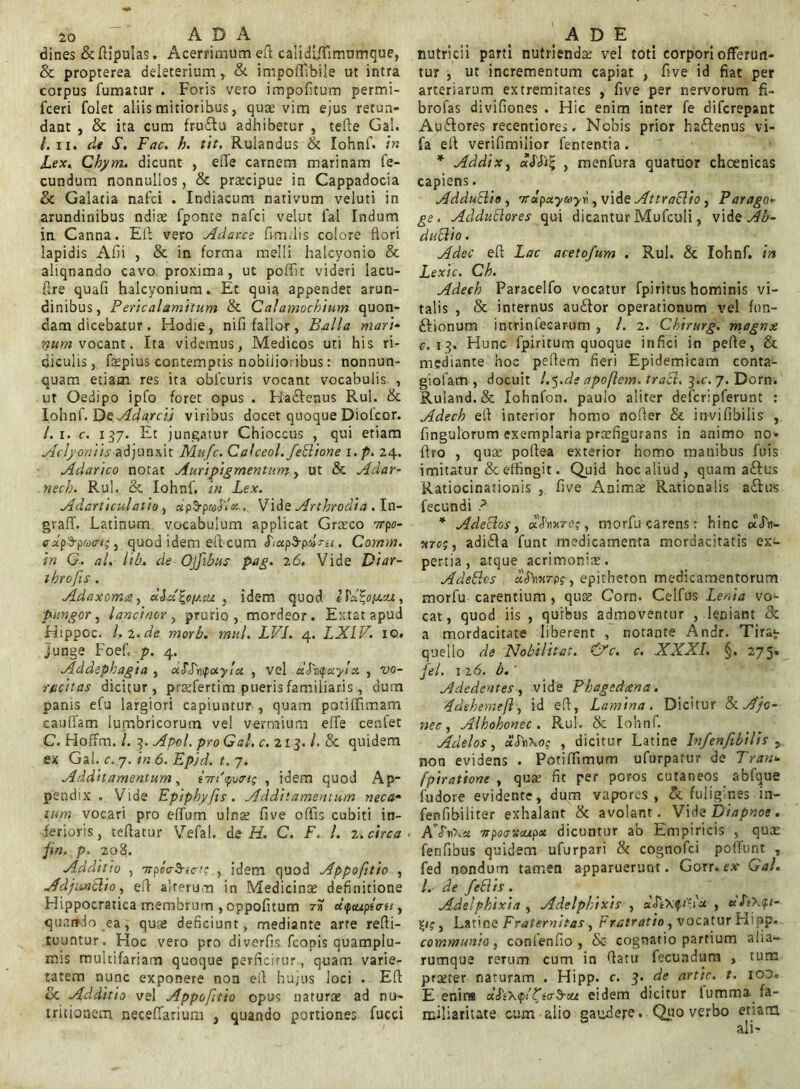 dines &ftipulas. Acerrimum efl calidLflimumque, & propterea deleterium, & impoffVbile ut intra corpus fumatur . Foris vero impofitum permi- fceri folet aliis mitioribus, quae vim ejus retun- dant , & ita cum fru£tu adhibetur , tefle Ga!. L ii. de S. Fac. h. tit. Rulandus & Iohnf. in Lex. Chym. dicunt , elTe carnem marinam fe- cundum nonnullos, & prsecipue in Cappadocia & Galatia nafci . Indiacum nativum veluti in arundinibus ndice fponte nafci velut fal Indum in Canna. Eli vero Adar.ce fi-m.lis colore flori lapidis Afii , & in forma melli halcyonio & aliqnando cavo proxima, ut poffit videri lacu- flre quafi halcyoniura. Et quia appendet arun- dinibus, Pericalamitum & Calamochium quon- dam dicebatur. Hodie, nifl fallor, Balla mari- num vocant. Ita videmus, Medicos uti his ri- diculis, faepius contemptis nobilioribus: nonnun- quam etiam res ita obfcuris vocant vocabulis , ut Oedipo ipfo foret opus . Hactenus Rui. & Iohnf. De Adarcii viribus docet quoque Di oleor. /. i. c. 137. Et jungatur Chioccus , qui etiam Aclyoniis adjunxit Mufc. Caleeol.feflione i.p. 24. Adarico notat Auripigmentum, ut & Adar- necb. Rui. & Iohnf. in Lex. Ad articulatio, «pS-paJ/*.. Vide Artbrodia . In- gvaff. Latinum vocabulum applicat Graeco 7rpo- ffdpSrpaxri;, quod idem eflcum LapS-psHs/. Gornm. in G. al. lih. de Ojfibus pag. 26. Vide Diar- throfis . Adaxom#, %<>(/.cu . idem quod 1 {'a^o/j.cu , pungor, lancinor, prurio, mordeor. Extat apud Hippoc. 1.2. de morb. mul. LVL 4. LXLV. 10. junge Foef. p. 4. Addephagia , «<TJ«ipoiy'iu , vel etSiupayix , vo- racitas dicitur, praefertim pueris familiaris, dum panis efu largiori capiuntur , quam potiffimam c au fiam lumbricorum vel vermium effe cenfet C. Hoffm. L 3. Apol. pro Gal. c. 213.1. <k quidem ex Gal. c. 7. in 6. Epjd. t. 7. Additamentum, l7ri'<pv<ri; , idem quod Ap- pendix . Vide Epiphyfs. Additamentum neca- tum vocari pro elfum ulnae five offis cubiti in- ferioris, teftatur Vefal. de H. C. F. /. 2. circa fin. p. 208. Additio , 7rpe<r$-e<r!;idem quod Appofitio , Adfuntlio, efl alterum in Medicinae definitione Hippocratica membrum , oppofitum rS' ehpuipiau, quando ea, quae deficiunt, mediante arte reffi- tuuntur. Hoc vero pro diverfis fcopis quamplu- mis multifariam quoque perficirur , quam varie- tatem nunc exponere non eit hujus loci . Efl: oc Additio vel Appofitio opus naturae ad nu> tritionem neceffarium , quando portiones fucci nutricii parti nutriendae vel toti corpori offerun- tur , ut incrementum capiat , five id fiat per arteriarum extremitates , five per nervorum fi- brofas divifiones . Hic enim inter fe diferepant Au&ores recentiores. Nobis prior haftenus vi- fa efl verifimilior fententia. * Addix, dl'L% , menfura quatuor choenicas capiens. Adduflio , nrdpsiywyn, vide Attraflio , Parago- ge . Adduflores qui dicantur Mufculi, vide Ab- dttflio. Adec efl Lac acetofum . Rui. & Iohnf. in Lexic. Cb. Adech Paracelfo vocatur fpiritus hominis vi- talis , & internus au£for operationum vel fun- ftionum intrinlecarum , l. 2. Chirurg. magnx £•.13. Hunc fpiritum quoque infici in pefle, & mediante hoc peflem fieri Epidemicam conta- giofam , docuit /. 5.de apoftem. trafl. 3.c. 7. Dorn. Ruland.& Iohnfon. paulo aliter defcripferunt : Adech efl interior homo nofler & invifibilis , fingulorum exemplaria praefigurans in animo no- ftro , quae poflea exterior homo manibus fuis imitatur & effingit. Quid hoc aliud, quam aftus Ratiocinationis , five Animae Rationalis a&us fecundi ? * Adeflos, a<5Wi?r, morfu carens: hinc aJV x7o;, adi£Ia funt medicamenta mordacitatis ex- pertia, atque acrimonia. Adeflos a<5Wp? , epitheton medicamentorum morfu carentium , quae Corn. Celfus Lenia vo- cat, quod iis , quibus admoventur , leniant 3c a mordacitate liberent , notante Andr. Tirat quello de Nobilitat. Gfc. c. XXXI. §. 275. fel. 1 26. b. ’ Adedentes , vide Pbagedxna. Ldebemeft, id efl, Lamina. Dicitur &Ajo- nec, Alhobonec . Rui. & Iohnf. Adelos, uh\og , dicitur Latine Infenf bilis , non evidens . Potiffimum ufurpatur de Tran* fpiratione , quse fit per poros cutaneos abfque fudore evidente, dum vapores, & fuligines in- fenfibiliter exhalant & avolant. Vi te Diapnoe . A*<Tn\» trpoaxcupx dicuntur ab Empiricis , quae fenfibus quidem ufurpari & cognofei polfunt , fed nondum tamen apparuerunt. Gorr.ex Gal. L de f efl is. Adelphixia , Adelphixis , , u It>,<pt- $1$, Latine Fraternitas, Fratratio, vocatur Hipp. communio, confenfio , & cognatio partium alia- rumque rerum cum in flatu fecundum , tum prserer naturam . Hipp. c. 3. de artic. t. iod. E enina d&'i\<pi£i<r§-cu eidem dicitur lumma. fa- miliaritate cum alio gaudere. Quo verbo etiam