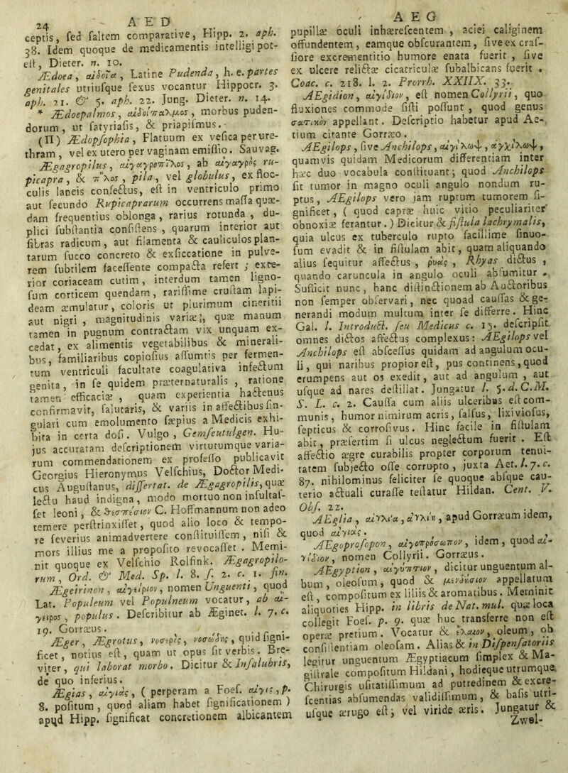 ceptis, fed faltem comparative, Hipp. 2. /tph. 38. Idem quoque de medicamentis intelhgipoc- eft, Dieter. n. 10. JEdoea , alio?* , Latine Pudenda, h. e. partes genitales utriufque fexus vocantur Hippocr. 3. apb. 21. eV 5. aph. 22. Jung. Dieter. w. 14* * JEdoepalmos, cuPoIt u\ij.os , momus puden- dorum, ut fatyriafis, & priapifmus.- (II) JEdopfophia , Flatuum ex vefica per ure- thram , vel ex utero per vaginam emiflio. Sauvae. AEgagropilus, cdy«ypo7r~\M, ab euV«yp<>« r«- picapra, & wx«, />//*, vel globulus, ex floc- culis laneis confedlus, eft in ventriculo primo aut fecundo Rupicaprarum occurrens maffa qux- dam frequentius oblonga, rarius rotunda , du- plici fubflantia confiflens , quarum interior aut fibras radicum, aut filamenta & cauliculos plan- tarum fucco concreto & exficcatione in pulve- rem fubtilem faceflente compadla refert ,• exte- rior coriaceam cutim, interdum tamen ligno- fum corticem quendam , rariffime cruflam lapi- deam cernulatur, coloris ut piurimum cinericii aut nigri , magnitudinis varix,’, qux manum tamen in pugnum contraftam vix unquam ex- cedat, ex alimentis vegetabilibus & minerali- bus, familiaribus copiofius affumtis per_ fermen- tum ventriculi facultate coagulariva infert uni genita, in fe quidem prxternaturalis , ratione tamen efficaciae , quam experientia hadtequs confirmavit, falutaris, & varus in affedtibus lm- eulari cum emolumento fxpius a Medicis exhi- bita in certa dofi. Vulgo, Gemfeutulgen. Hu- jus accuratam defcriptionem virtutumque varia- rum commendationem ex profeffo publicavit Georgius Hieronymus Velfchius, Doctor Medi- cus Auguflanus, differt at. de JEgagropths, quae leftu haud indigna, modo mortuo non infultal- fet leoni, & bwm'aov C. Hoffmannum non adeo temere perftrinxiffet, quod alio, loco & tempo- re feverius animadvertere conflituiflem, nili oc mors illius me a propofito revocaffet . Memi- nit quoque ex Velfchio Roifink. JEgagroptlo- rumI Ord. & Med. Sp. I. 8./. 2. r. i. fi»- JEgeirinon , tuyu'p‘ov, notnen Unguenti, quod Lat. Populeum vel Populneum vocatur, ab <u- ytipos, populus . Defcribitur ab iEginet. I. 7. c. 19. Goirxus. . JEger , JEgrotus, voapts, veamin;, quid iigni- ficet, notius eft, quam ut opus fit verbis. Bre- viter, qui laborat morbo. Dicitur & bijalubrit, de quo inferius. JEgias, alytdg, ( perperam a Foef. cuyig,p. 8. pofitum , quod aliam habet fignificationem ) apmi Hipp. fignificat concretionem albicantem AEG pupillae oculi inhxrefcentem , aciei caliginem offundentem, eamque obfcurantem, fiveexcraf- fiore excretnentitio humore enata fuerit , live ex ulcere reli&x cicatriculae fubalbicans fuerit . Qoac. c. 218. 1. 2. Prorrb. XXIIX. 33. AEgidion, alylSiov, eft nomen Collyrii, quo fluxiones commode fifti poffunt , quod genus ca.TiY.rn appellant. Defcriptio habetur apud Ae- tium citante Gorrxo. AEgilops , fi ve Anchiiops, cuylxu-^ , <xy^iXu-~[ , quamvis quidam Medicorum differentiam inter hxc duo vocabula conftituant •, quod Anchiiops fit tumor in magno oculi angulo nondum ru- ptus, AEgilops vero jam ruptum tumorem fi- gnificet, ( quod caprae huic vitio peculiariter' obnoxiae ferantur .) Dicitur Ikfifiuia lachrymalis, quia ulcus ex tuberculo rupto facillime finuo- fum evadit & in fiflulam abit, quam aliquando alius fequitur arfedfus , pvd$ , Rhyas didfus , quando caruncula in angulo oculi ab umitur • Sufficit nunc, hanc diftin&ionem ab Auctoribus non femper obfervari, nec quoad caulfas & ge-: nerandi modum multum inter fe differre. Hinc Gal. /. IntroduEl. feu Medicus c. 15* d.cicripfit omnes diftos afte&us complexus: AEgilops vel Anchiiops eft abfceffus quidam ad angulum ocu- li, qui naribus propior eft, pus continens, qued erumpens aut os exedit, aut ad angulum , aut ufque ad nares deftillat. Jungatur /. 5.d.C.M. S. L. c. 2. Cauffa cum aliis ulceribus eft.com- munis, humor nimirum acris, lallus, lixiviofus, fepticus & corrofivus. Hinc facile in fiftulam abit, prxfertim fi ulcus negledtum fuerit . Eft affedtio xgre curabilis propter corporum tenui- tatem fubjedto offe corrupto, juxta Aet. /. -j.c. 87. nihilominus feliciter fe quoque abfque cau- terio adtuali curaffe teftatur Hildan. Cent. i. 0 AEqlia , uiy\t'a, a>Xni, apud Gorrxum idem, quod ah As . , , AEgoprofopon, odyoirpocaaov , idem, quoa^j- 7i 'pior, nomen Collyrii. Gorrxus. AEgyption , ouyvTiriov , dicitur unguentum al- bum , oleofum, quod & aov appellatum eft compofitum ex liliis & aromatibus. Mernimt aliquoties Hipp. in libris deNat.mul. qux loca collegit Foef. p. <). quae huc transferre non e It operx pretium. Vocatur & l\cuou, oleum, 00 confidentiam oleofam. Alias & in Difpenfatortts leeirur unguentum TEgyptiacum fimplex & Ma- pilirale compofitum Hildani, hodieque utrumque. Chirurgis ufitatiffimutn ad putredinem &excre- fcentias abfumendas validilfimum, & balis utri- ufque aerugo eft i vel viride aris. Jungatur 6c