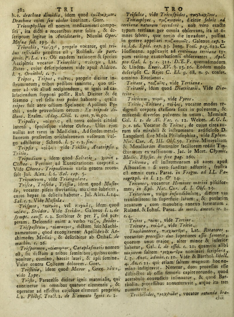 h. e. drachma dimidia., idem quod rptiTp Drachma enim fex obdor continet. Gorr. Triomphyllon efl: nomen. medicamenti compo- fiti , ita di&i a recentibus ruta foliis , & de- fcriptum legitur in Antidotario, Nicolai Oper. Mefuce fol. 193. b. . Triorchis, T£to'p%i?, proprie vocatur, qui tri- bus tefhculis pratditus efl , Rolfink. de part. genit-. P.I.c. 11. Ob eandem rationem & fpecies Accipitris vocatur Trtorchis , rdop%is , Lat. Buteo , cujus defcriptionem vide apud Aldrov. I, 5, Ornithol. c. 7. , Tripes, Tripus , proprie dicitur in- Arumentum, tribus pedibus innitens, quo uti- mur ad vas aliud recipiendum, ut ignis ad ca- lefaciendum fupponi pofTit. Rui. Dicitur & de fcamno , vel fella rrer pedes habente , qualis tripes fuit ante oftium Speluncae Apollinis Py- thii , unde proverbium ortum .• Ex tripode di- biurn. Erafm. Adag. Chii. 1. cent.j.n.90. Tripolis , tetyoxt? , eft terra coloris citrini intenfi , fpeciefque videtur thbr&. Ulus ejus nullus aut rarus in Medicina. Ad fordes metal- licorum praefert i m orichalceorum vaforurn vul- go adhibetur. Schrod. L 3. c.z.fin. Tripfis , Ttt fn: vide Friclio, Anatripfs , Tritio. . Tripudium , idem quod Saltatio» Ck9rea . Pertinet ad Exercitationes corporis . Vide Chorea. Tripudiorum varia genera recen- fuit Jul. Alex. /.6. iW. cap. 5. Triquetrum , vide Triangulare. Trifca, Trifcha , TriJJia, idem quod /<r , vocatur pifcis fluviatilis, maxime lubricus , cujus hepar in deliciis habetur.. Jul. Alex./. 14.. dW. c. 2. Vide Muftela. Trifmns, 're*criu0S, vel rnyuoc, idem quoa ^elaicj Stridor. Vide Stridor.. Galenus /.2. de fympt. cauff. c.z. Scribitur & per E, fed per- peram . Defcendit enim a verbo Jlrideo. Trifpajirum, di&um fuit Machi- namentum , quod excogitarunt Apellides& Ar- chimedes Medici , & defcribitur ab Oribaf. de machin. c. 26. Trifpermon, T&iarripu-ov , Cat aplafmatis nomen eft, fic di Sum a tribus feminibus, quibus com- ponitur, cumino, baccis lauri, & apii femine. Valet contra Colicum dolorem. Gorr. Triflitia, idem quod Moeror , Grate. vide Lype. Triflo, Paracelfo dicitur ignis materialis, qui continetur in omnibus quatuor elementis , & operatur ad effe&us cujufque elementi proprios, /.2. Philof ftad.i, de E’emento Ignis c. 1. Trifulctc, vide Tricufpides, rpiy\toxlvi< • Tritaophyes , rrp/^foero^uris-, d citur /e£nr dd tertiana naturam accedens , non vero exa£fe typum tertiante per omnia obfervans, ita ut 0- mnes febres, quae tertio die invadunt, poflfmt in genere appellari . Galenus cap. z. in-1.6. Epid. cap. 23. Jung. Foef. pag.622. C. Hoffmann. applicavit ad continuas tertiante ty- pum ratione exacerbationis obfervantes . ,4pc/. pro Gal. I. 3. <r. 311. DdE.F. quemadmodum & Linden. Exerc. XV. §.15.16. Eodem modo defcripflt C. Rejes C. E/, q. 68. w. 9. confer, omnino Erotianus. T ritxtos , Tet£«roj, vide Tertiana. Tritariiy idem quod Diatritarii. Vide trite.. Triticum , srvpos, vide Pyros . Tritio, Tritura, Tet'4<?, vocatur modus re- digendi corpora craffiora ficca in pulverem, & milcendi diverfos pulveres in unum. Meminit Gal. I. 1. de AI. Far. c.. 12. Weker. A.G. I. 3. c. 26. Vocatur & Tritus , de cujus circa au- rum ufu mirabili & inflrumento artificiofo D. Langelotti five Mola Philofophica , vide Ephem. Nat. Cur. A. III. Obf.yg. Tritio. Mineralium & Metallorum diuturnior faciliorem reddit Tin- £rura*um ex'raftionem . Jac. le Mort. Chymic. Medie. Phyfic. in fine pag. 260. Tritoma, efl inflrumentum ad aures apud Albucafim : fi vero furditas adfuerit , fruflra efl omnis cura. Parac. in Fragm. ad I.L. Pa~ ragraph. in l. 13. & 14. Tritones, vocantur Homines marini pifeifor- mes, in Eph. Nat.. Cur. A. L Obf 23. Tri tortum , vulgo infundibulum^, dicitur vas tranfmittens in fuperficie latum , & paufatim acuatum , cum manubrio annexo formatum . Ruland. & Iohnf. Parac. de morb. ament. tr. 2. c. 4. . Tritos , TexT0i, vide Tertius. Tritura , , vide Tritio.. Trochanteres, t, , Lat. Rotatores. s, vocantur proce jfus duo fuperiores offis femoris, quorum unus major , alter minor & inferior habetur, Gal../. de offib. c. 21. quamvis alibi majorem faltem Tpo^aw^^p^ nominari fcripferit, l. Anat. admin.c.io. Vide & Barthol. Itbell. A.^An.c. 21. qui etiam faltem magnum hocno- mine indigitavit. Notetur, duos proceffus effe diflinftos ab oflis femoris capite rotundo, quod acetabulo coxendicis infinuatur & quod Bar- tholin. ptocefflbus annumeravit , atque ita tres numefavit. , , Trocbilodes^poX^dSid, vocatur rotunaa bra- chii: