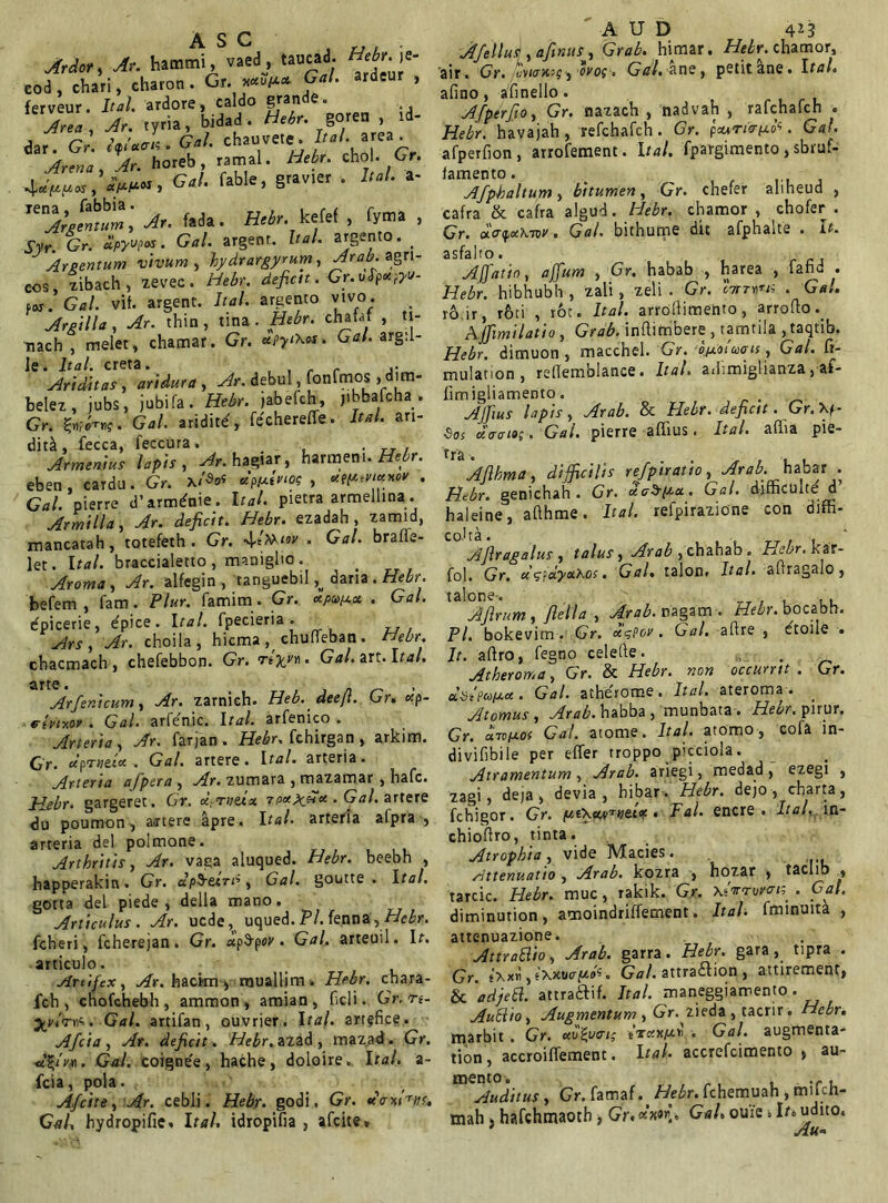 Ardor, At. hammi, vaed^, taucad. He^s‘ cod , chari, charon. Gr. **«»/*« Gal. ardeur , ferveur. Ital. ardore, caldo grande. Area, Ar. tyria, bidad. Hebr. goren , id- dar Gr. cYual.Gal. chauvete. Ira/.area Arena Ar. horeb, ramal. Hebr. cho\. Gr. <?«/. fable’ §rav!er • haU a* ^Argentum, -4r. fada. Hff£r. kefef , Jyma , Syr. Gr. oipyvpM. Gal. argent.. Ital. argento. _ Argentum vivum , hydrargyrum, agn- cos zibach, zevec . deficit. Gr. «Jp*^- G«/. vit. argent. Jm/. argento vivo. ./ftgfV/tf, thin , una . Hebr. chafaf , ti- nacb , melet, chamar. Gr. upyi\os. Gal. arg.l- Ie. Ital. creta. , , r r r Ariditas , aridura , ^r. debui, fonfmos > d'm' belez, jubs, jubifa. Hebr. jabefch, jibbafcha. Gr. %n?B«?. Ga/. ariditd, f^chereffe. Ital. ari- dit& , fecca, feccura . . Armenius lapis , Ar. hagiar, harmeni. ifcJr. eben, cardu. Gr. x/S* «pnirtot , • Gfl/. pierre d’arm(ffiie. Ir«/. pietra armellina. Armilla, Ar. deficit. Hebr. ezadah , zamid, mancatah, totefeth . Gr. • Gal. bralie- let. Ital. braccialetto, maniglio. Aroma, Ar. alfegin, tanguebil ^ daria . Hebr. befem , fam . Plur. famirat. Gr. xpopix . Gal. dpicerie, dpice. Ital. fpecieria . Ars, Ar. choila, hiema, chuffeban. Hebr. cbacmach , chefebbon. Gr. riyy »• Gal. zrt.Ital. arte. _ . . , Arfenicum, Ar. zarnieh. Heb. dee/t. Gr. «p- clvixov . Gal• arfenic. Ital. arfenico . Arteria, Ar. farjan. Hebr. fchirgan, arkim. Gr. dpTnetx . Ga/. artere. Ir/z/. arteria. Arteria afpera , Ar. zumara , mazamar , hafe. Hebr. gargeret. Gr. d.rnux ?p*Xh* • Gal. artere du poumon, attere apre. Ira/, arteria alpra , arteria dei polmone. Arthritis, Ar. vaga aluqued. Hebr. beebh , happerakin. Gr. apS-ecrt*, Gal. goutte . Ital. gotta dei piede , della mano. Articulus. Ar. uede, uqued.P/. fenna,P/e£r. fcheri, fcherejan. Gr. «p^ptfr . Gal. arteuil. Ir. articulo. Artifix, Ar. hackn, rnuallim. Hebr. chara- fch , chofehebh , ammon , amian , Geli. Gr.re- %fVt'rrc'. Gal. artifan, ouvrier . Ital. artifice. Afcia , Ar. deficit. Hebr. azad , mazad. Gr. n. Gal. coigne'e, hache, doloire. Ital. a- fcia, pola. A/cite, Ar. cebli. Hebr. godi. Gr. *ofirn<, Gal, hydropifie. Ital, idropifia , afeite» ' A U D 423 Afellur , a fimus, Grab. himar. Hebr. chamor, air. Gr./vvurwg^woi: Gal. ane, petit ane. Ital. afino, afinello. Afptrfio, Gr. nazach , nadvah , rafchafcn . Hebr. havajah , refc.hafch . Gr. p«xrivy.fc . Gal. afperfion , arrofement. Ital. fpargimento, sbruf- iamento. _ __ Afphaltum, bitumen, Gr. chefer anheud , cafra & cafra algud. Hebr. chamor , chofer . Gr. otcr^otKtqv . Gal. bithume dit afphalte . ir. asfalto. Affiatio, affum , Gr. habab , harea , fafid . Hebr. hibhubh , zali, zeli . Gr. wnw . Gal. ro.ir, r&ti , rot. Ital. arroftimento, arrodo Ajfimilatio , Grab. inftitnbere , tamtila , taqtib. Hebr. dirnuon , macchel. Gr. op.o!uou , Gal. fr- mulation , reflemblance. Ital. adimiglianza, al- limigliamento. . AJfiius lapis, Arab. & Hebr. deficit. Gr.Xf- $os daoto;. Gal. pierre affius. Ital. ailia pie- IdAfihma , difficilis refpiratio, Arab. habar . Hebr. genichah. Gr. Gal. dimculte d haleine, afthme. Ital. refpirazidne con diffi- CqI• Aflragalus , talus, Arab , chahab . Bebr. kar- fol. Gr. «sydyxKos. Gal• talon. Ital. allragalo , Afirum , flella , Arab. nagam-. Hebr. bocabh. Pl. bokevim. Gr. xqpov. Gal. adre , ^toile • It. adro, fegno celede. . Atheroma, Gr. & Hebr. non occurrit . Gr. uApcotJt.cc. Gal. atherome . Ital. ateroma . _ Atomus, Arab. habba , munbata . Hebr. pirur. Gr. ctToptoi Gal. atome. Ital. atomo, cofa in- divifibile per effer troppo prcciola. Atramentum , Arab. ariegi, medad , ezegi , zagi, deja , devia , hibar. Hebr. dejo , charta , fchigor. Gr. . Fdl. encre . Ital, in- chiodro, tinta. Atrophia, vide Macies. Attenuatio , Arab. kozra , hozar , taclib , tarcic. Hebr. muc, rakik. Gr. Xs'irrurar, . Gal. diminution, amoindriffement. Ital. frninuita , attenuazione. Attrattio, Arab. garra. Hebr. gara, tipra . Gr. (Xxti, eXxuvftffS. Gal. attra£lion , attirement, & 'adjett. attraftif. Ital. maneggiamento . AuElio, Augmentum , Gr. zieda , tacrir. Hebr, marbit . Gr. ocbtycri; tTccx/xri . Gal. augmenta- tion , accroiffement. Ital. accrefcitnento , au- Auditus, Gr. famaf. Hebr. fchemuah , milch- mah, hafchmaotb, Gr, Gal, ouie. Ip<> udito. Ai Ua