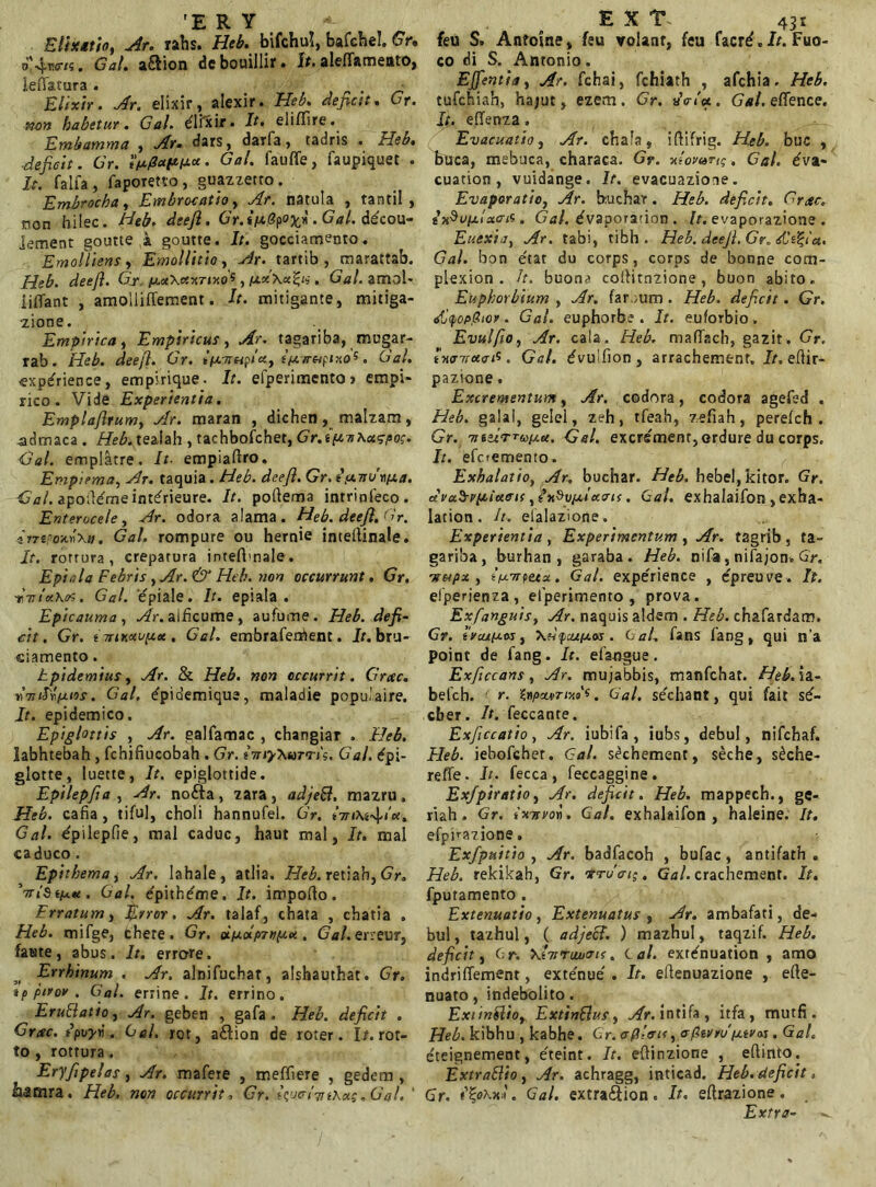 'E r y Elixttio, Ar. rahs. Heb. bifchu!, bafchel. Gr. o'4-T^cr/s. Gal, a&ion debouillir» it. aleflsimento, kfiacura . - Elix i y. Ar. eiixir, alexir. Heb. deficit. Gr. non habetur. Gal dixir. It. eliffire. Embamma , Ar. dars, darfa, tadris . Heb. ,deficit. Gr. . Gal. fauffe, faupiquet . It. falfa , faporetto , guazzetro. Embrocha, Embrocatio, Ar. natula , tantil , non hilec. */«/?. Gr.i/xSpo^. Gal ddcon- lement goutte a goutte. It. gocciamento. Emolliens Emollitio , ^r. tartib , marattab. Heb. deefi. Gr, /u,«\ax7Jxos, . Gal amol- iiffant , amolliffemenr. /r. mitigante, miciga- •zione. Empirica, Empiricus, tagariba, mugar- rab. /?<?£. deefi. Gr. ifX7roiplu, tfi/rotpixo^. Gal «xpdience, empirique- It. efperimento» empi- rico. Vide Experientia. Emplafirum, Ar. maran , dichen, malzam, -admaca . Heb. teaiah , tachbofcher, GrJp.-n\ou;po;. Gal emplatre. It- empiaftro. Emptema, Ar. taquia. Heb. deefi. Gr. 2 (mlnyta. Gal. apoildrneinkrieure. It. poftema intrinieco. Enterocele y Ar. odora alama. Heb. deefi. Gr. Gal rompure ou hernie inteilinale. It. rottura , crepatura intefhnale. EpiHa Febris yAr.& Heb. non occurrunt. Gr. -ti‘-ntuhos. Gal. 'dpiale. It. epiaia . Epicauma , Ar. aificume, aufume. Heb. defi- cit. Gr. t -mv.xvp.at.. Gal. embrafement. It. bru- ciamento. tpidemius y Ar. & Heb. non occurrit. Grac. W77iK/jlios. Gal. dpidemique, maladie popuiaire. It. epidemico. Epiglottis y Ar. ealfamac , changiar . Heb. labhtebah , fchifiucobah . Gr. iTriyXurris. Gal dpi- glotte, luette, It. epiglottide. Epilepfia , Ar. nofta, zara, adjeft, mazru, Heb. cafia, tiful, choli hannufel. Gr. hn\i4/«. Gal. ^pilepfie, mal caduc, haut mal, It. mal caduco. Epithema y Ar. lahale, atlia. Heb. retiab, Gr. HiSi/Ati. Gal dpithdne. It. impoflo. Erratum y firror. Ar. talaf, chata , chatia , Heb. mifge, chere. Gr. oifx&p7Hpct , Gal eneur, farne, abus. It. errore. Errhinum . Ar. alnifuchar, alshauthat. Gr. tp pivov . Gal. errine. It. errino. EruElatio y Ar. geben , gafa. Heb. deficit . Grue. fpvyv . Gal rot, a&ion de roter. I/. rot- to , rottura. Eryfipelas, Ar. mafere , meffiere , gedem , laamra. Heb. non occurrit •> Gr. fioHTTiXotg, Gal ' E X T. 431 feu S» Anfoine, feu volant, feu facr^. It. Fuo- co di S. Antonio. Ejfentia, Ar. fchai, fchiath , afchia. Heb. tufchiah, hajut, ezem. Gr. aV/«. Gal efifence. It. efienza. Evacuatio, Ar. chafa, iftifrig. Heb. buc , buca, mebuca, characa. Gr. xiwari;. Gal 6vz- cuation , vuidange. It. evacuazione. Evaporatio, Ar. biuchar. Heb. deficit. Grac. £v,§un.txcris. Gal dvaporarion . It. evaporazione . Eutxia, Ar. tabi, tibh . Heb. deejl. Gr. sCt%ia. Gal bon e'tat du corps, corps de bonne com- plexion . It. buona coilitnzione, buon abito. Euphorbium , Ar. far.um . Heb. deficit. Gr. dlyopGior. Gal euphorbe . It. euforbio. Evulfio, Ar. cala. Heb. maflach, gazit. Gr. tua7cxefi . Gal ^vulfion, arrachement. It. eftir- pazione. Excrementum, Ar. codora, codora agefed . Heb. galal, gelei, zeh, tfeah, zefiah, perefch . Gr. muTra^u. Gei excrement, ordure du corps. It. efcremento. Exhalatio} Ar. buchar. Heb. hebel,kitor. Gr. avaSn/pciccffif yi\^vpelxcri(. Gal exhalaifon,exha- lation. It. elalazione . Experientia, Experimentum, Ar. tagrib, ta- gariba, burhan , garaba . Heb. nifa, nifajon. Gr. vctpx , Iu-tt^ux. Gal experience , epreuve . It. elperienza , efperimento , prova . Exfanguis, Ar. naquis aldem . Heb. chafardam. Gr. ivcufxos, \dfcupLos. Gal fans fang, qui n’a point de fang. It. efa-ngue. Exficcans, Ar. mujabbis, manfchat. Heb. ia- befch. ' r. inpxvrixo^. Gal. sechant, qui fait s^- cber. It. feccante. Exficcatio, Ar. iubifa , iubs, debui, nifchaf. Heb. iebofchet. Gal s^chement, seche, s^che- reffe. It. fecca, feccaggine. Exfpiratio, Ar. deficit. Heb. mappech., ge- riah . Gr. ixuvoi. Gal. exhalaifon, haleine. It. efpira?ione. Ex/puitio , Ar. badfacoh , bufac, antifath . Heb. rekikah, Gr. irruat;. Gal crachement. It. fputamento . Extenuatio , Extenuatus , Ar. ambafati, de- bui , tazhul, ( adjeci. ) mazhul, taqzif. Heb. deficit, Gr. XiTiruuais. Lai extdnuation , amo indriffement, exte'nue . It. eldenuazione , efte- nuato, indebolito. Exiintlioy ExtinElus, Ar. intifa, itfa , mutfi . Heb. kibhu , kabhe. Gr. apiate, aPivru'fiiv<w . Gal eteignement, e'teint. It. eftinzione , eilinto. ExtraBio, Ar. achragg, inticad. Heb. deficit > Gr. ityhxl. Gal extra&ion. It. eftrazione. Extra- -
