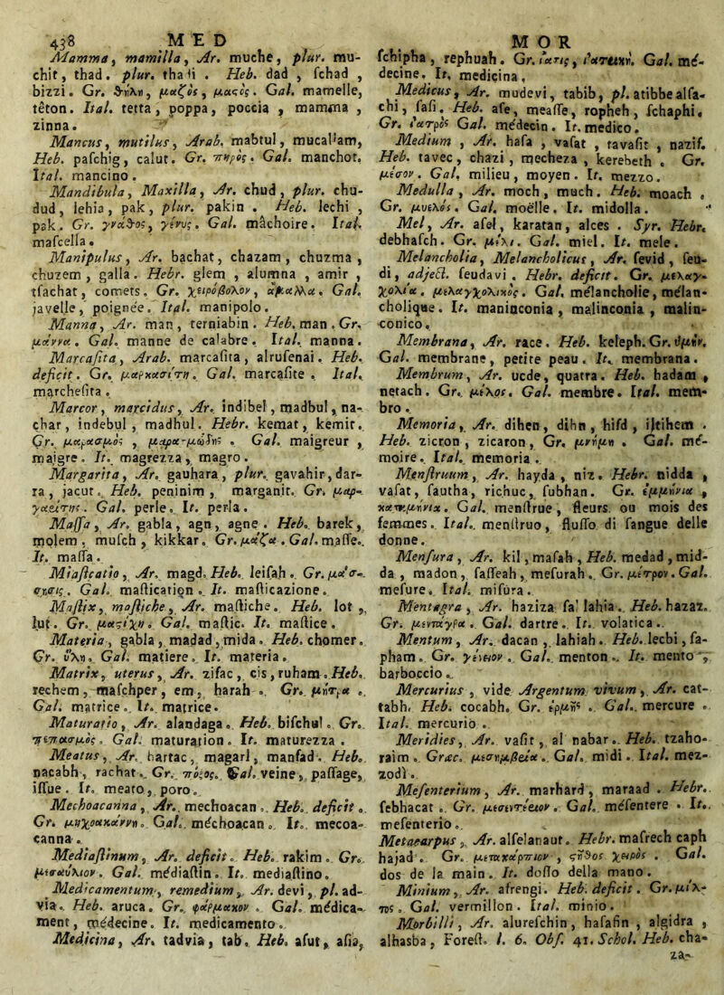 Mamma, mamilla, Ar. muche, plur. mu- chit, thad. plur. thati . Heb. dad , fchad , bizzi. Gr. 5-rA.w, (ax^os , fxuscg. Gal. mamelie, teton. hal. tetta , poppa, poccia , mamma , zinna. Mancus, mutilus, Arab, mabtul, mucaUam, Heb. pafchig, calut. Gr. mtfog. Gal. manchor. Ital. rnancino. Mandibula, Maxilla, Ar. chud , plur. chu- dud, iehia, pak, plur. pakin . Heb. Jechi , pak. Gr. yydd-o;, yiru;. Gal. machoire. It ai. mafcella. Manipulus, Ar. bachat, chazam , chuzma , chuzem, galla. Hebr. glem , alumna , amir , tfachat, comets. Gr. xtipofioXoy, xpxXKu. Gal. iavel.Ie, poignee. Ital. manipolo. Manna, Ar. man , terniabin. HS. man , Gr. fiotyytt. Gal. manne de calabre. Ital. manna. Marcafita, Arab. marcafua , alrufenai, Heb. deficit. Gr. fj.xpxxat'rn. Gal. marcafite , Ital, mafchefita . Marcor , marcidus, Ar.. indibe!, njadbul , na*> cbar, indebul, madhul. Hebr. kemat, kemir. Gr. (j.KfXap.01 , . Gal. maigreur , maigre. It. magrezza, magro. Margarita, Ar. gauhara, plur.. gavahir, dar- la , jacur. Heb. peninim , marganir.. Gr. y.ctp- yx.tirv>-. Gal. perle. It. perla . Mafifa , Ar. gabla , agn, agne . Heb.. barek, molem , mufch , kikkar. Gr.ixx^x. Gal. maffe.. It. mafla. Miaficatio, Ar, magd, Heb. Ieifah.. Gr. jxx <r~. cr,ai5_. Gal. maftication . It. mafticazione. Maflix, mafiiche, Ar. maftiche. Heb. lot ,, lut. Gr, (4cezt'xH° Gal. maftic. It. maftice. Materia, gabla, madad 5 mida. Heb. chomer. Gr, vXr. Gal, matiere. It. materia. Matrix, uterus, Ar. zifac , cis , ruham . Heb. rechem, mafchper, em, harah » Gr. . f*rrtx Gal. matrice.. Ir. matrice. Maturatio, Ar. alandaga„ Heb. bifchu!. Gr. TtiTrournk. Gal. maturation. It. maturezza . Meatus, Ar, hartac, magarl, manfad , Heb. nacabhrachat.. Gr, irkot. GaL veine, paffage, iffue. Ir. meato, poro. Mechoacarina , Ar.. mechoacan Heb. deficit.. Gr. niixouKocyyn „ Gal. mechoacan. It., mecoa» canna . Mediafilinttm, Ar. deficit. Heb. rakim . Gr. lM<retv\iov. Gal. m^diaftin. It. mediaftino. Medicamentumremedium,, Ar. devi, pl. ad- via*. Heb. aruca. Gr. tpoipfictMv . Gal. medica- men t, m^decine. It. medicamento. Medicina, Ar. tadvia, tab, Heb, afut» afia, fcnipba , rephuah. Gr. furi;, fotretxr. Gal, m^- decine, Ir, medicina, Medicus, Ar. mudevi, tabib, pl. atibbealfa- cnij^fafi. Heb. afe, meafle, ropheh , fchaphi* Gr. leerpof Gal. mddecin. Ir. medico. Medium , Ar. hala , vafat , ravafit , nazif. Heb. tavec, chazi , mecheza , kerebeth . Gr. pxicov. Gal. milieu, moyen. Ir. mezzo. Medulla , Ar. moch, much. Heb. moach , Gr. fxvt\es. Gal. moelle. Ir. midolla. Mei, Ar. afel, karatan, alces . Syr. Hebr, debhafch. Gr. (aI\i. Gal. miel. Ir. mele. Melancholia, Melancholicut, Ar. fevid , feu- di, adjed. feudavi , Hebr. defictt. Gr. fxiXecy. ni\ctyXo\ixoe. Gal. melancholie, mdan* choliqae. Ir. maninconia , malinconia , malin- conico. Membrana, Ar. race. Heb. keleph. Gr. d/zttV, Gal. membrane, petite peau. ItK membrana. Membrum, Ar. ucde, quatra. Heb. hadam , netach. Gr.. t^ixoc. Gal. membre. Ir<r/. mertt- bro. Memoria, Ar. dihen, dihn , hifd , ijtihem . Heb. zicron , zicaron, Gr. fiviiin . Gal. mtf- moire. Ira/., memoria . Menfiruum, Ar. hayda , niz. Hebr. nidda , vafat, fautha, richuc, fubhan. Gr. infivviot 9 xxrr.fjtriyix. Ga/. menftrue, fleurs. ou mois des femmes. Ital.. menllruo, flulfo di fangue delle donne. Menfura , Ar. kil, mafah , Heb. medad , mid- da , madon, faflfeah , mefurah ». Gr. /ouVpov. Gal. mefure. Ital. mifura. Mentagra , Ar. haziza fa! lahia . Heb. hazaz. Gr. [jttvmyPocG a/, dartre., Ir. volatica.. Mentum , Ar. dacan ,, lahiah . Heb. lecbi, fa- pham. Gr. yl\Mv . Gal. mentonIt. mento *,* barboccio.. Mercurius , vide Argentum vivum, Ar. cat- tabh. Heb. cocabh. Gr. ipprP . Gal.. mercure . Ital. mercurio . Meridies, Ar. vafit, al nabarHeb. tzaho» raim . Gr<sc. tJLiar.ii.pdix .. Gal. m;di. Ital. mez- zodV. Mejent eri um, Ar. marhard , maraad . Hebr. febhacat . Gr. fj.t<wn'&toy. Gal. mdfentere * Ir, mefenterio.. . ' *>'r '■;*** Metacarpus,, Ar. alfelanauf. Hebr. mafrech caph hajad . Gr. (JumicxpTnov-, giiSos xmpos . Gal. dos de la main. It. dofTo della mano. Minium, Ar. afrengi. Heb. deficit. Gr. tAx^ 75;. Gal. vermillon . Ital. minio. Morbilli, Ar, alurefchin, hafafin , algidra , alhasba, Fored. /. 6, Obf. 41. Schol. Heb. cha» za.*