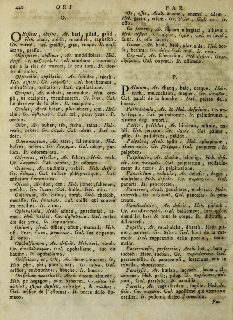 O R I Q. OBcfitas , obefus, yfr. bari , gilad, galid . Heb. abah, abhih, maabheh , taphafch . Gr. TTiirtf . al. graiffe , gras, ronge. It. graf- Sezza, graffo. Objlipitas, obfiipus , ./fr. mudellibiras. i&A deefi. ,.r, «A courbure , courbe , qui a Ia tdte de travers, le cou tors. /r. Hor- to di collo. ObflruBio, oppilatio, .//r. fchidda , tacah . deficit. Gr. f'ftfPed'is. Gal. bouchement , obftruftion , opilation . Ital. oppilazione. Occiput , alchafa, cnamudue. Heb. ore- ph , os occipitis, ezemhaoreth. Gr. iviov , Gal. Le derriere de Ia t&te . It. occipizio. Oculus, Arab. bizar , plur. abzar, ajin.Hi?^. aijn. Gr. o<p&u\yd’, Gal. ceil, plur. yeux . It. occhio. Odor, Ar. buhar, tib, facha, raiha. Hebr. reah, zeker. Gr. oayn. Gal. odeur . hal. o- dore. Odoramentum, Ar. atara , fchemumat. Heb. bafam , befem . Gr. derywy*. Gal. odeur, par- ium . It. odoramento. Odoratus, olfatlus, Ar. fcham . Hebr. reah. Gr. o'o-<f,pn<riS. Gal. odorat. It. odorato. Oedema, Ar. undimia , trehel. Heb. dtefi . Gr. diSnyu. Gal. enflure phldgmatique . Ital. enfiatura fiemmatica. Oleum , Ar. dun , den . Heb. jizher , fchemen, mefcha. Gr. tXcuoi. Gal. huile. Ital. olio. Omentum, Ar. zirbus, zorab. Heb. chelebh, mecaffe. Gr. tAnrKoor. Gal. coiffe qui couvre les inteftins. It. zirbo. Ophthalmia, Arab. afluen , guardenigi , ra- mac. Heb. kezira. Gr. . Gal. mala- die des yeux. It. lippitudine. Opium, Arab. offien, afiun, marcad. Heb. ofi . Greec. o nm, ptnxdv&cv « Gal. fue de pavor. It. opio. Opobalfamum, Ar. deficit. Heb. zeri, zarah. Gr. o'-Trofid\accpov. Gal. opobalfame , fuc du baume . It. opobalfamo. Orificium, os, oris, Ar. ducm , ducam, fe, Heb. phe , phi, pum , adi. Gr. qdyx. Gal. orifice, embouchure, bouche. It. bocca . Orificium ventriculi, Arab. ducam almiede . Heb. pe hagagon , pum habetem . Gr.qdp.oi yoiXtctt, eftque duplex, qdyayos , & 7rtA<apCf . Gal. orifice de 1’ eftomat . It. bocca dello fto- jnaco. Os , ojjis, Arab. anamel, anemel , adam . Heb. gerem, etfem. Gr. . Gal. os , It. offo. Os faerum, Ar. nldam alhagiazi , alhavis . Heb. defiett. Lr. o’qtov , /VpcV , Lai. os facr£ , faint. It. offo facro. Ovum, Ar. beid, baid , plur. alde . Heb. bet- fa, betfim; Gr. do\. Gal. oeUf. It. ovo. Oxymel, Ar. fcheniabin. Heb. deficit. Grxc. ofyfitu. Gal. oxymei. Ift offimele . P. PAlatum, Ar. ctianq, halc, natque. Hebr. chek , malcochaim, magier, Gr. i/?iep&W. Gal. palais de Ia bouche . Ital. palato dei Ia bocca. P alindromia, Ar. & Heb. deficiunt. Gr. nra- Xivlpoyix. Gal. palindromie. It. palindromia , ritorno degli umori. Pallor, pallidus, Ar. bilaleun, nihula, na- hil. Heb. jeracon. Gr. dxpo's . Gal. paleur , pale. It. pallidezza, pallido. Palpebrx, Arab. agfin . Heb. apbaphaim , icherauroth. Gr. . Gal. paupieres . It. palpebre. Palpitatio, Ar. aluebe, idhtelig. Heb. defi- cit. Gr. 7tu\/ji.o\ . Gal. palpitation , rreffaiile- ment du coeur. It. palpitazione. Panaritium , reduvia, Ar. dahafas , dagga , abuhalac. Heb. deficit. Gr. tjctpovwyda. . Gal. panaris. It. panereccio. Pancreas , Arab. pancharas, eacharas. Hebr. torereth. Gr. irdyxptxs, Gal. panerdas. It. p&n» create. Pandiculatio , Ar. deficit . Heb. gichuk . Gr. crxopItvMcryos. ual. baillement, lors qu’oa ^tend les bras & tout le corps- It. diflirarli , diftenderli. Papilla, Ar, mucbaicha , dharah . He^r. pit- mu , patmar. Gr. . Gal. bout de la ma- melie. Ital. cappezzolo della poccia , mam- mella~. n Paracenlefis, perforatio , Arab, bat , bata , tuebab . Hebr. tuebah . Gr. Tnsfunivo-wcry. Gal. paracent^fie. It. paracentefi , forazione con la trivella , sbucazione. Paralyfis, Ar. butlan, lacvach , lacua , al- zamene. H*b. palig, pilug. Gr. 'nafd.K\i<nt,iru.- ptau , Gal. paralyfie. It. paralifia. Parotis, Ar. vagaalbadani , fugille. Web. de- ficit. Gr. Trcefidrt;. Gal. apofteme qui vient aux oreilles. It. poftenia dietro 1’orecchia. Pa-