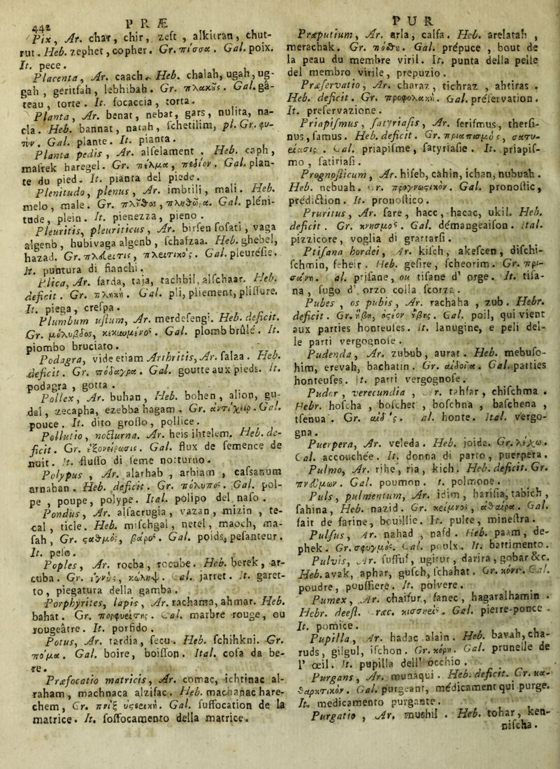 44* 1} K E 'Pix, Ar. chaf, chir, zeft , alkiiran, chut- rut. Heb. zephet, copher. Gr.ntiaaa.. G<z/. poix. Ir. pece. Placenta, ^r. cmc\\ Heb. chalab, ugah, ug- gah , geritfah , kbhibah. Gr. 7tXxkSs . Gal. ga- teau , torte. It. focaccia , torta. A Planta, .^r. benat, nebat, gars, nulita, na- da. Heb. bannat, natah, fchetilim, pl.Gr.<pv- •m. Gal. piante . It. pianta . Planta pedis, Ar. alfelament . Heb. caph, malrek haregel. Gr. -nt\p.x, irtitov. Gal. pian- te du pied. It. pianta dei piede. Plenitudo, plenus , Ar. lmbtiH , mali. Heb. nielo , male . Gr. 7rXt&M , TrX&^corct. Ga>. plsni- tade, plein. It. pienezza, pieno . Pleuritis, pleuriticus, Ar. birfen fofati, vaga algenb , hubivaga algenb , fchafzaa. Heb. ghebel, hazad. Gr. uxlitinc, 7r\urw;. Gal. pleurelie. It. puntura di fianchi. Plica, Ar. farda, taja, tachbil. alfcbaar. Heb. deficit. Gr. sx«i. Gal. pii, pliement, pliflure. It. piega, crefpa . , Plumbum ufium, Ar. merdefengi. Heb. deficit. Gr. jzeXv/^w, . Gal. plombbrule. It. piombo bruciato. . _ Podagra, vide etiam Arthutts, Ar. falaa . Heb. .deficit. Gr. Troiotypa. Gal. goutteaux pieds. It. podagra , gotta . • Pollex, Ar. buhan , Heb. bohen, alion, gu- dai, .zecapha, ezebba hagam . Gr. «V/fceip . Ga>. pouce. It. dito groflo, pollice. Pollutio , noSlurna. Ar. heis ihtelem. Heb. de- ficit. Gr. ftoniparif. Gal. flux de femence de nuit. It. fluffo di leme norturoo. Polypus , Ar. alarhab , arbiam , cafsatfum arnaban . Heb. deficit. Gr. tioXutto^ . Gal. pol- pe , poupe, polype. Ital. polipo dei nalo . Pondus, Ar. ailacrugia , vazao , mizin , te- cal , ticle. Heb. rmfchgal, netel, maocb, ma- fah, Gr. suSplo;, /?*>«. Gal. poids., pefanteur. It. pe!®. Poples , Ar. rocba , rocube. Heb. berek , ar- cuba . Gr. t‘yrbi; xcuKn^. al. jarret. it. garet- to , piegatura della gamba . Porphyriies, lapis , Ar. racharaa, ahmar. Heb. bahat. Gr. tio^ottrr^ . Csal. maibre rouge, ou yougeatre. It. porfido . Potus, Ar. tardia, fecu. Heb. fchihkni. Gr. Trofioc. Gal. boire, boiflon . Ital. cola da be- re. Praefocatio matricis, Ar. comae, ichtinac al- raham , machnaca alzifac. Heb. maobanac hare- chem, Cr, nrlE, u^setxn. Gal. fuffocation de la matrice. It. foffocamertfo della matrice. P U R Praeputium, Ar. arla, calfa. Heb. arelatab , merachak. Gr. hoSto. Gal. pr^puee , bout de la peau du membre viril. Ir. punta della pelle dei membro virile, prepuzio . Praifervatio, Ar. charaz, tichraz , ahtiras . Heb. deficit. Gr. 7rpo<poXoon'. Gal. preTervation . It. prefervazione. Priapifmus , fatyriafis, Ar. ferifmus, therfi- nus, farnus. Heb. deficit. Gr. a piuma-pcb s, axru- eluat; . Lai. priapilme, facyriafie . It. priapif- mo , fatiriafi. Prognofiicum, Ar. hifeb, cahin, ichan, nubuab . Heb. nebuah. '-r. TTpoyvagiuor, Gal. pronollic, pre'diftion. It. pronoUico. Pruritus, Ar. fare, hacc, hacac, ukil. Heb. deficit. Gr. urnrpo s. Gal. de'mangeaifon . .tal. pizzicore, voglia di grartarfi. Ptifann hordei, Ar. kilch , akefcen , difehi- fchmin, feheir . Heb. gefire, fcheorim. Gr. 7rp/- eret vn . al. ptifane, ou tifane d’ orge. It. tila- na , fugo d’ orzo colla fcorzr.. Pubes , os pubis, Ar. rachaha , zub . Hebr. deficit. Gr.rRrt, optor . Gal. po:I, qui vient aux parties honteules. it. lanugine, e peli dei- le parti vergognole . Pudenda, Ar. zubub, aurat . Heb. mebufo- him, erevah, bachatin. Gr.cu&oi * . Gal. parties honteufes. Ir. parri vergognofe. Pudor, verecundia , r. rahfar, chifchma . Hebr. bofcha , bofchet , bofcbna , bafchena , tfenua . Gr. ull ‘g. al. honre. Ital. vergo- gna. , Puerpera, Ar. veleda. Heb. joida. GV. . C al. accouchee. It. donna di parto, puerpera. Pulmo, Ar. rihe, ria , kich. Heb. deficit. Gr. itvlCpw. Gal. poumon . t. polmone^. Puls, pulmentum, Ar. idim , harifia, tabich , fahina, Heb. nazid. Gr. xetpvoi, ctStttpx. Gal. fait de farine, bcuillie. Ir. pulte, minedra. Pulfus, Ar. nahad , nafd . Heb. paam, de- phek • Gr. atfjyuo1-. Lai. p; ulx.. Itt battimento. Pulvis, sir. fufFuf, ugi-rur, darira , gobar &c. Heb. avak, aphar, gufcb, fchahat. Gr.wviL Gal. poudre, pouffiere. It. polvere. Pumex, .Ar. cbaifur, fanec, hagaralhamin . Hcbr. deefi. recc. Gal. pierre-ponce . It. pomice. , , Pupilla, Ar. hadac alain . Heb. bavab,cha- ruds, gilgul, 'fchon. Gr.xopn. Gal. pruneile de 1’ oeil. It. pupilla dell’ ocehio . ; Purgans, Ar. munaqui . Heb. deficit. Cr. ux- SdpnnxM. Gal. purgeanr, medicament qui purge. Iu medicamento purgante. Purgatio , Ar, rciushil . Heb. tonar, ketl- nifcKa.